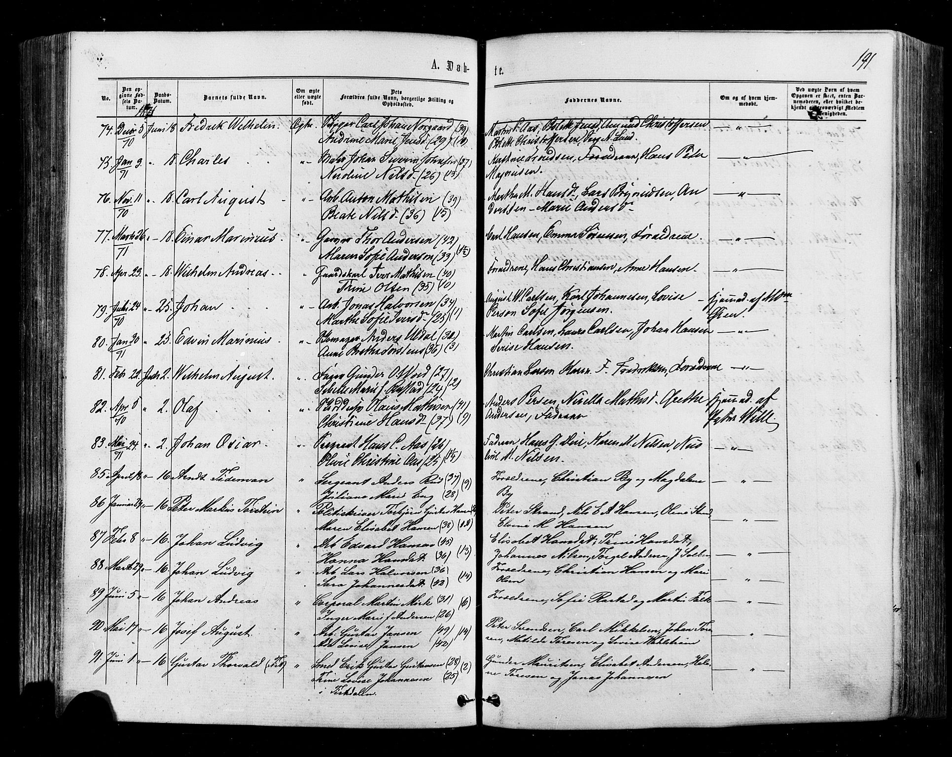 Halden prestekontor Kirkebøker, AV/SAO-A-10909/F/Fa/L0009: Parish register (official) no. I 9, 1866-1877, p. 191