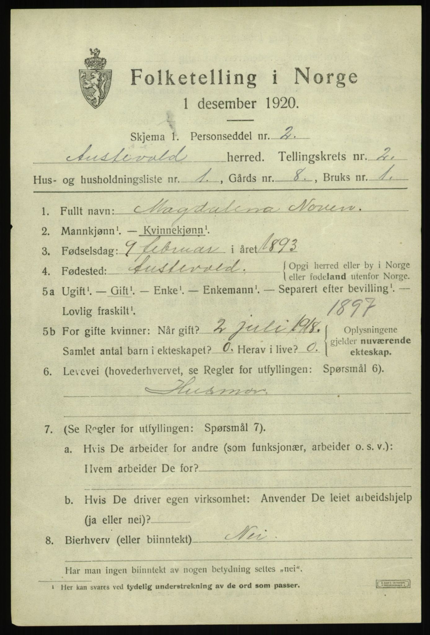 SAB, 1920 census for Austevoll, 1920, p. 1564