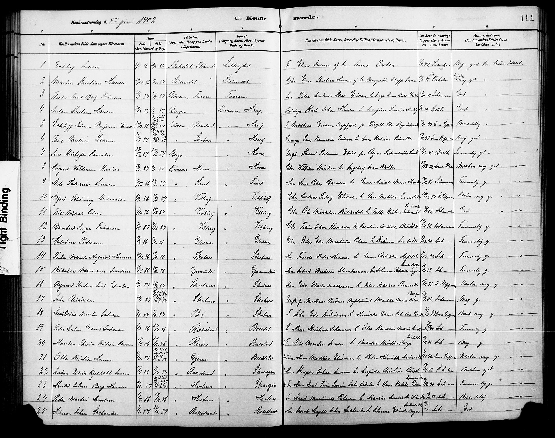 Ministerialprotokoller, klokkerbøker og fødselsregistre - Nordland, AV/SAT-A-1459/881/L1168: Parish register (copy) no. 881C05, 1900-1911, p. 111