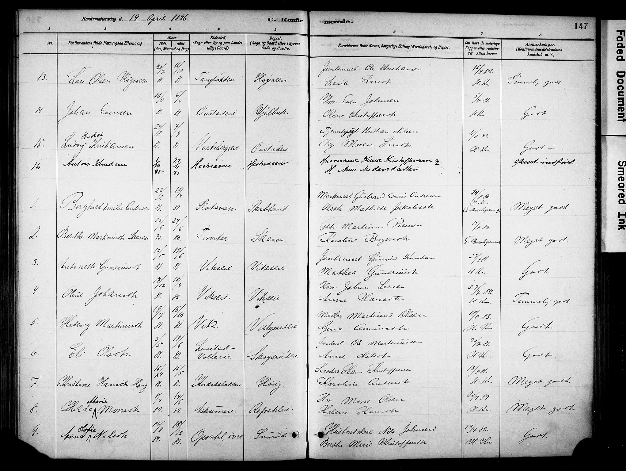 Stange prestekontor, AV/SAH-PREST-002/K/L0018: Parish register (official) no. 18, 1880-1896, p. 147