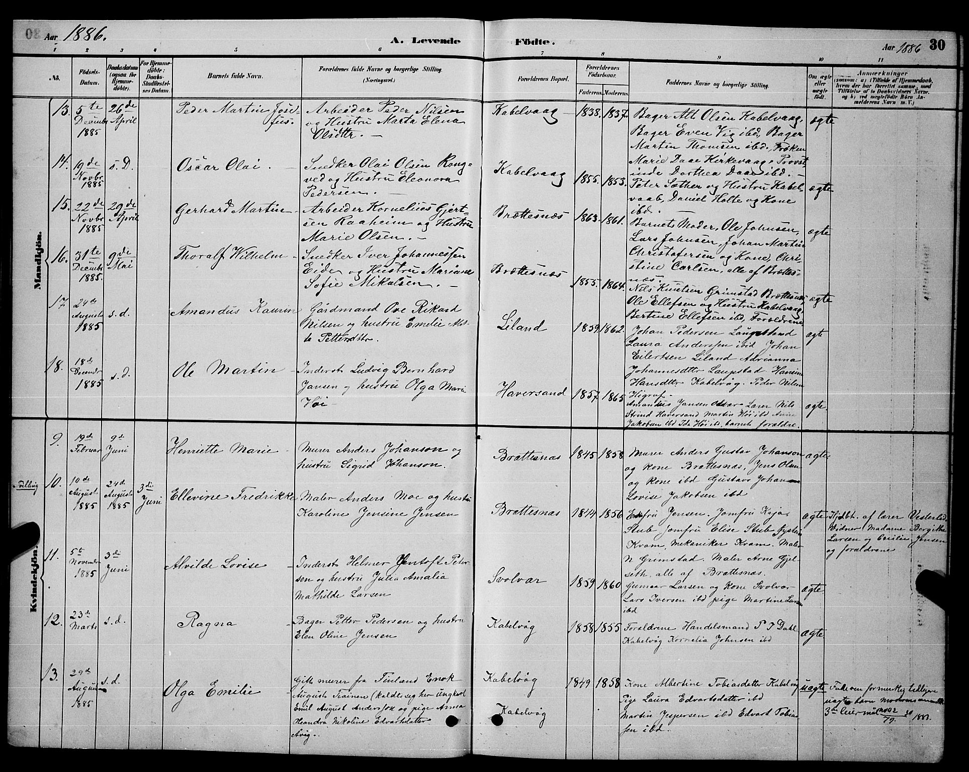 Ministerialprotokoller, klokkerbøker og fødselsregistre - Nordland, AV/SAT-A-1459/874/L1076: Parish register (copy) no. 874C05, 1884-1890, p. 30