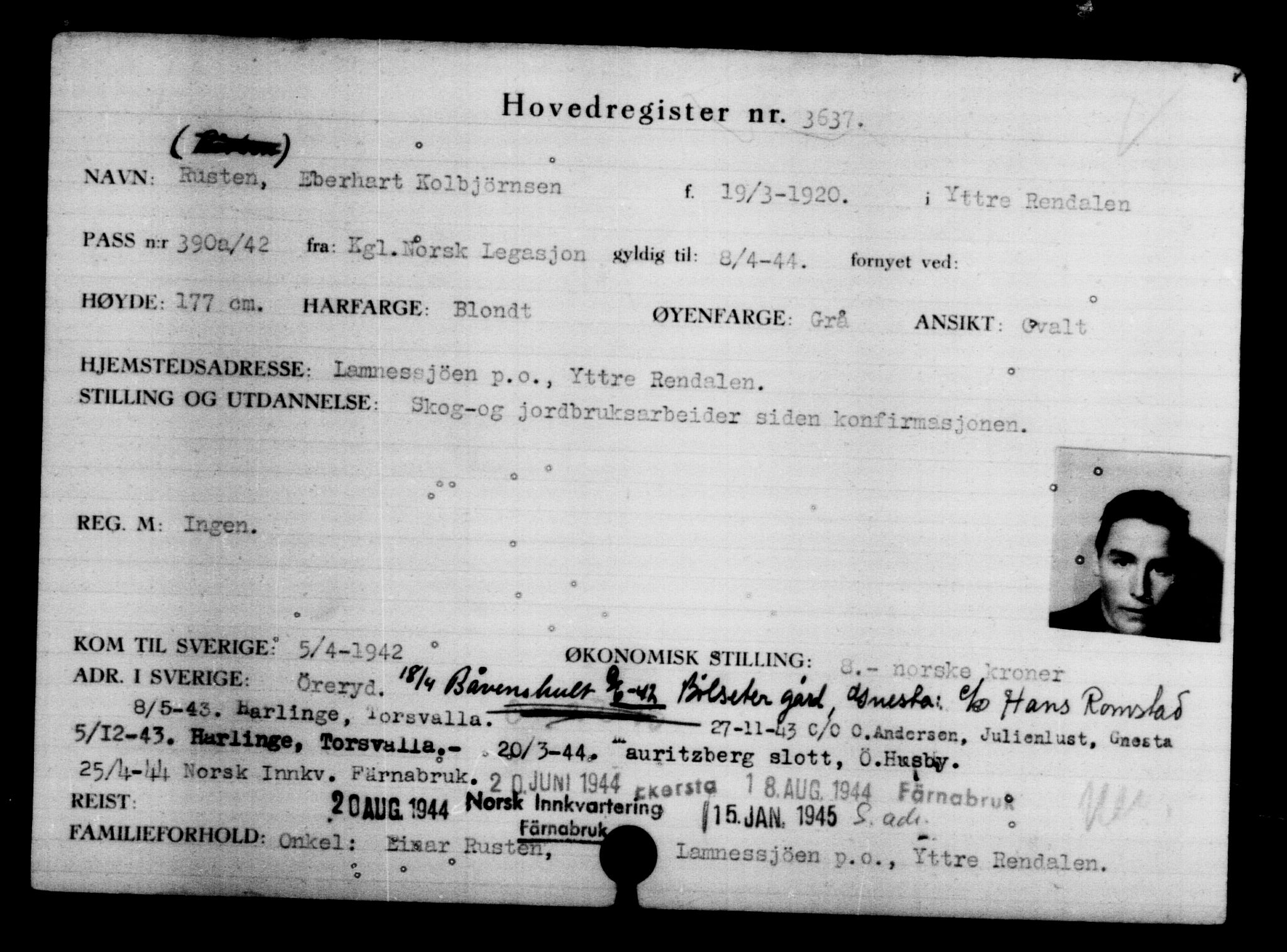 Utenriksstasjonene, Legasjonen i Stockholm, Flyktningkontoret, AV/RA-S-6753/V/Va/L0004: Kjesäterkartoteket, flyktninger med registreringsnr. 3496-6610, 1940-1945, p. 162