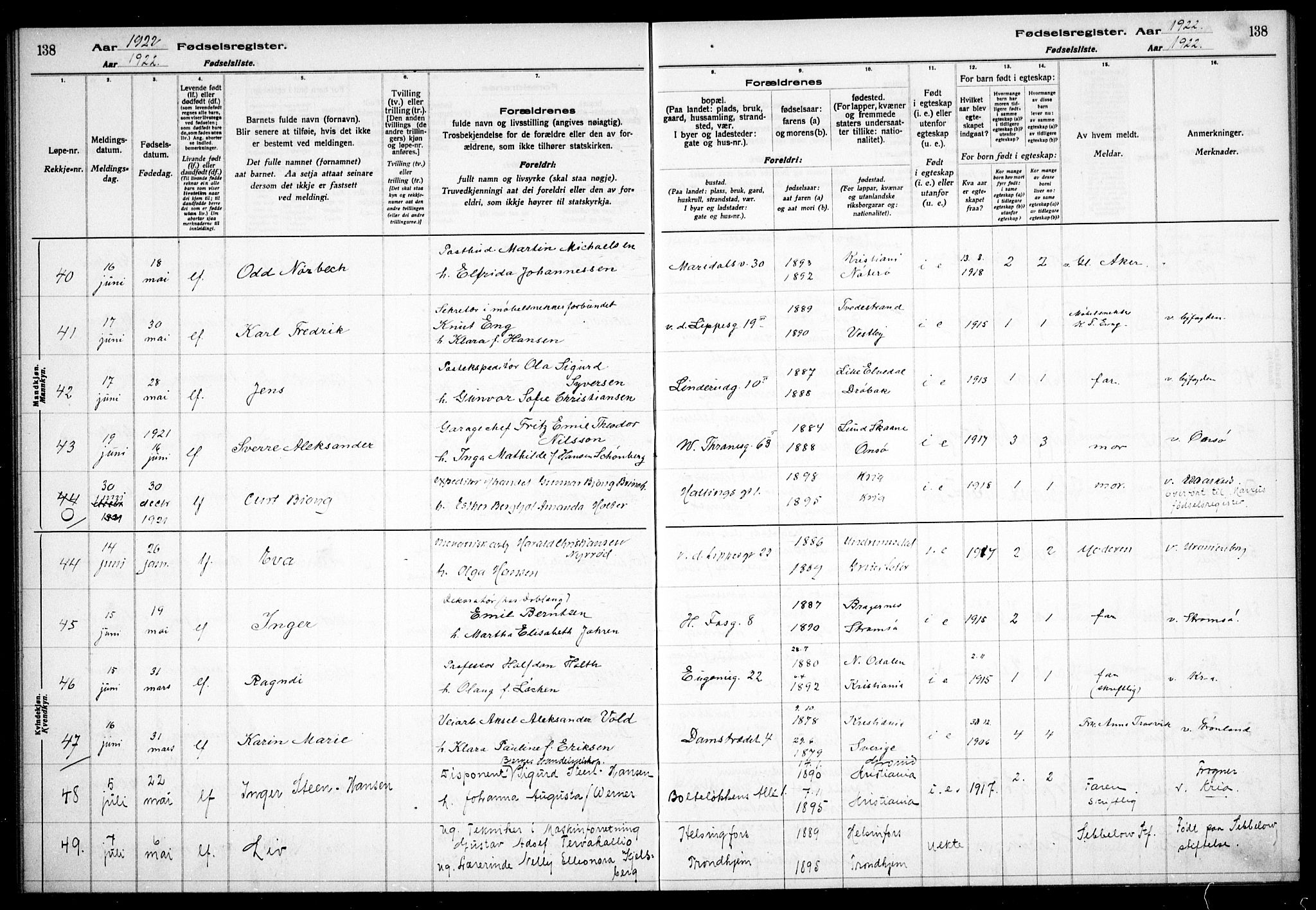 Gamle Aker prestekontor Kirkebøker, AV/SAO-A-10617a/J/L0001: Birth register no. 1, 1916-1927, p. 138