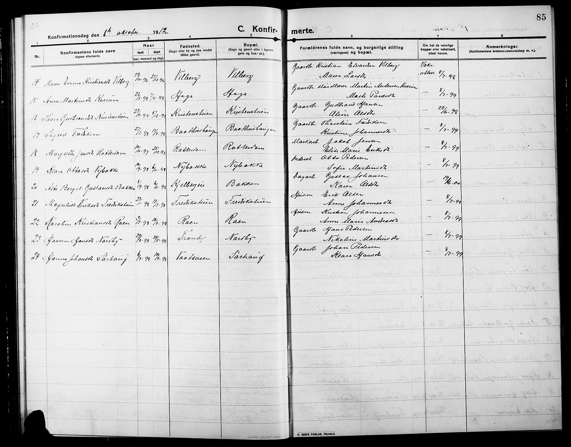 Søndre Land prestekontor, AV/SAH-PREST-122/L/L0006: Parish register (copy) no. 6, 1912-1925, p. 85