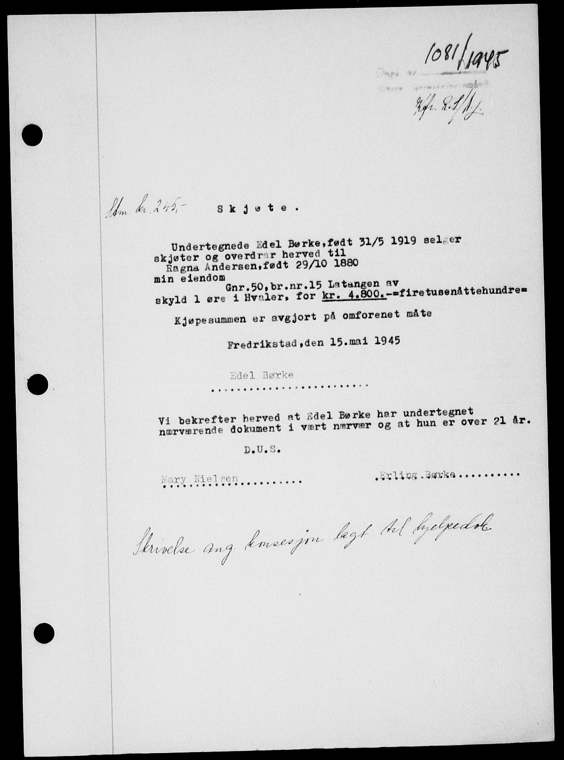 Onsøy sorenskriveri, SAO/A-10474/G/Ga/Gab/L0014: Mortgage book no. II A-14, 1944-1945, Diary no: : 1081/1945