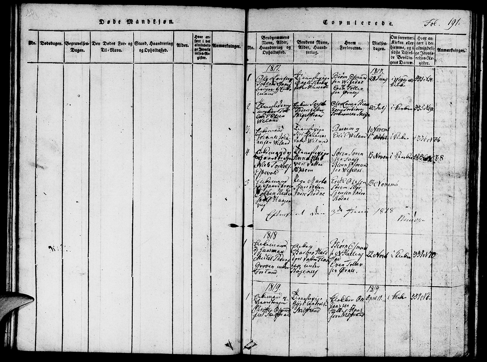 Vikedal sokneprestkontor, SAST/A-101840/01/V: Parish register (copy) no. B 1, 1816-1853, p. 191