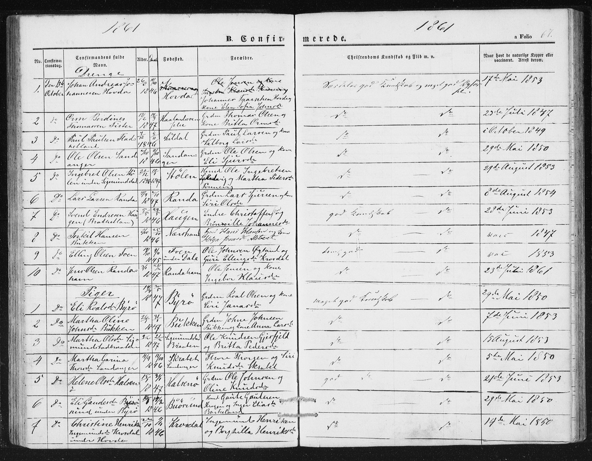 Hjelmeland sokneprestkontor, SAST/A-101843/01/IV/L0010: Parish register (official) no. A 10, 1851-1871, p. 67