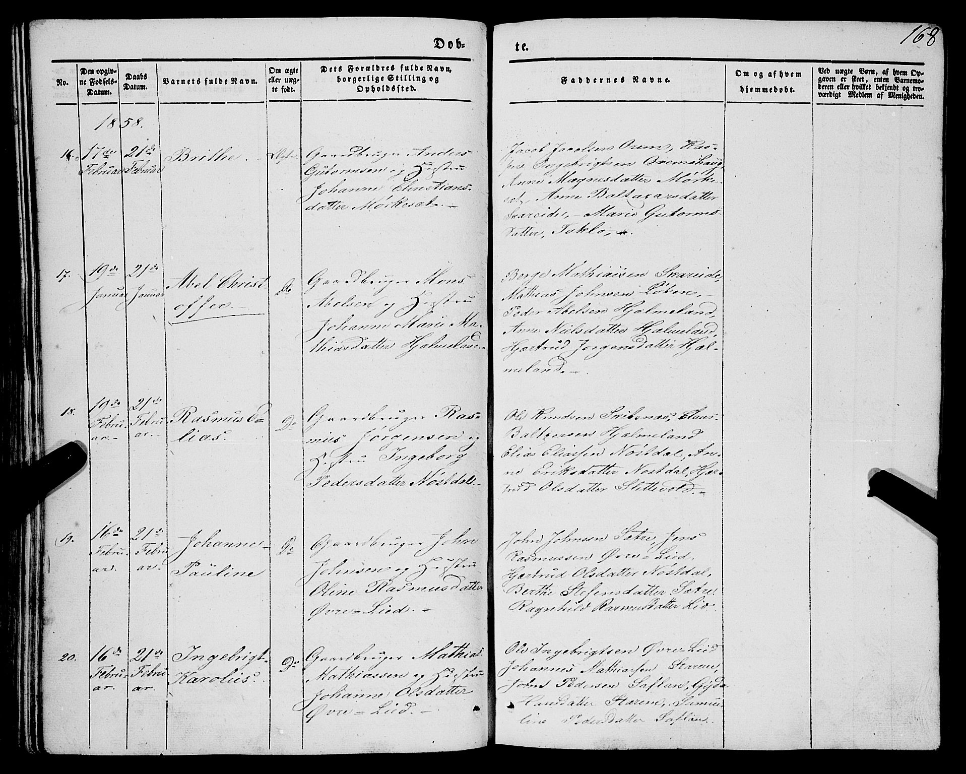 Eid sokneprestembete, AV/SAB-A-82301/H/Haa/Haaa/L0007: Parish register (official) no. A 7, 1844-1858, p. 168