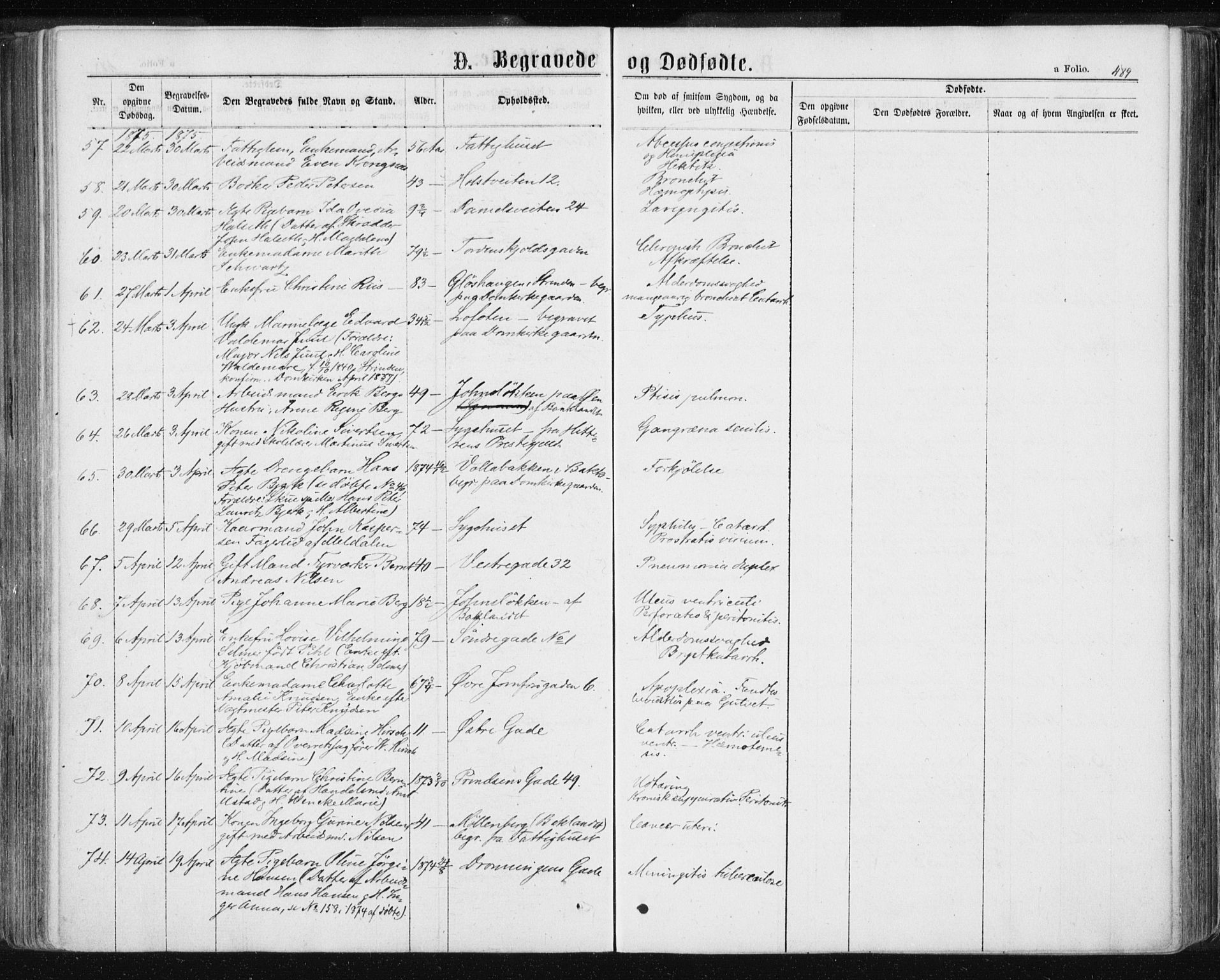 Ministerialprotokoller, klokkerbøker og fødselsregistre - Sør-Trøndelag, AV/SAT-A-1456/601/L0055: Parish register (official) no. 601A23, 1866-1877, p. 489