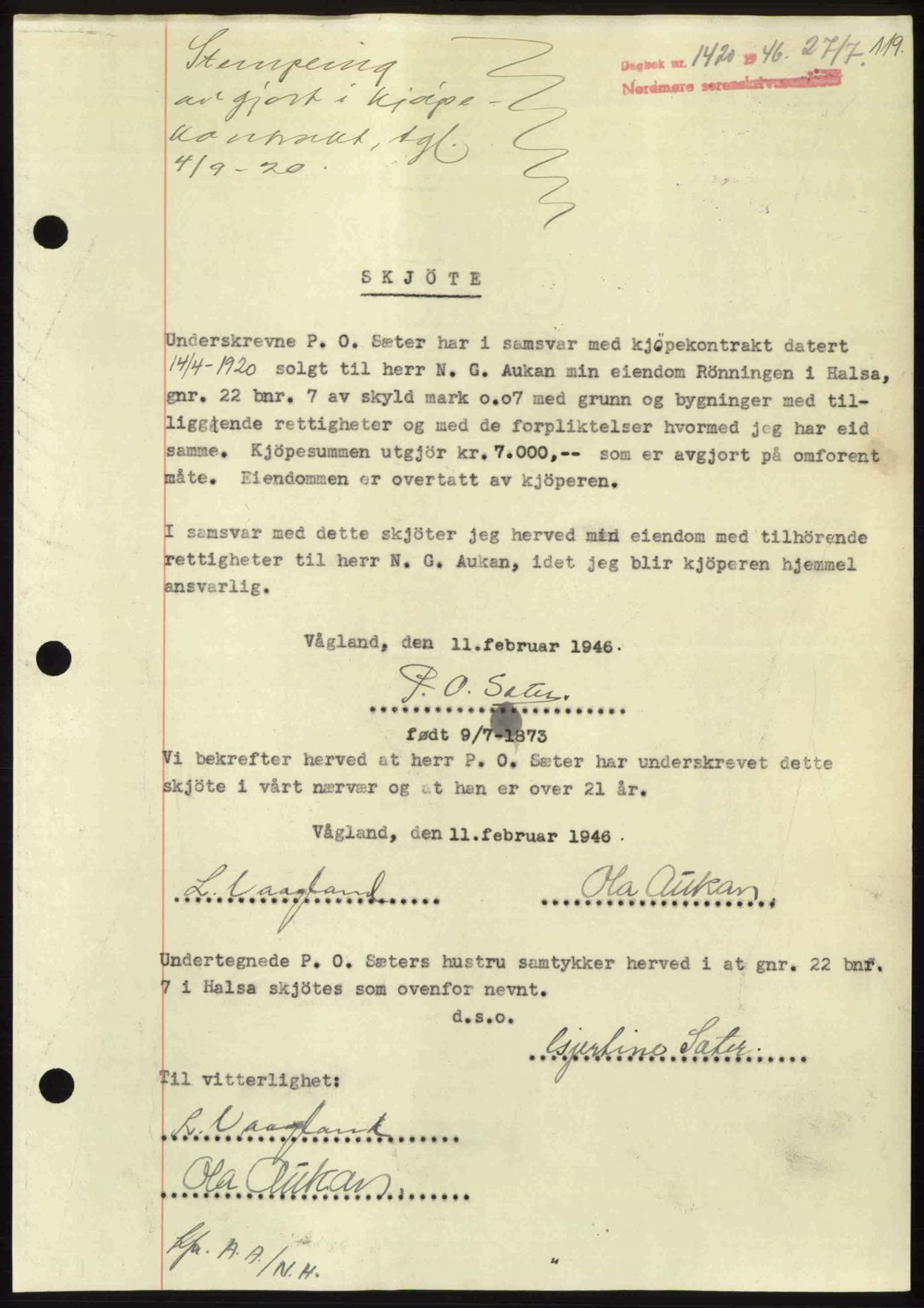 Nordmøre sorenskriveri, AV/SAT-A-4132/1/2/2Ca: Mortgage book no. A102, 1946-1946, Diary no: : 1420/1946