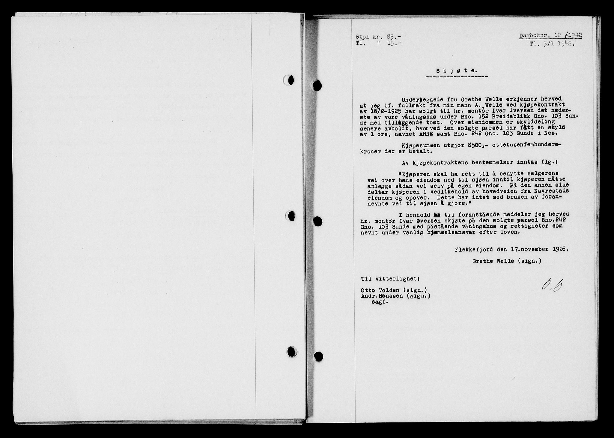 Flekkefjord sorenskriveri, SAK/1221-0001/G/Gb/Gba/L0057: Mortgage book no. A-5, 1941-1942, Diary no: : 12/1942