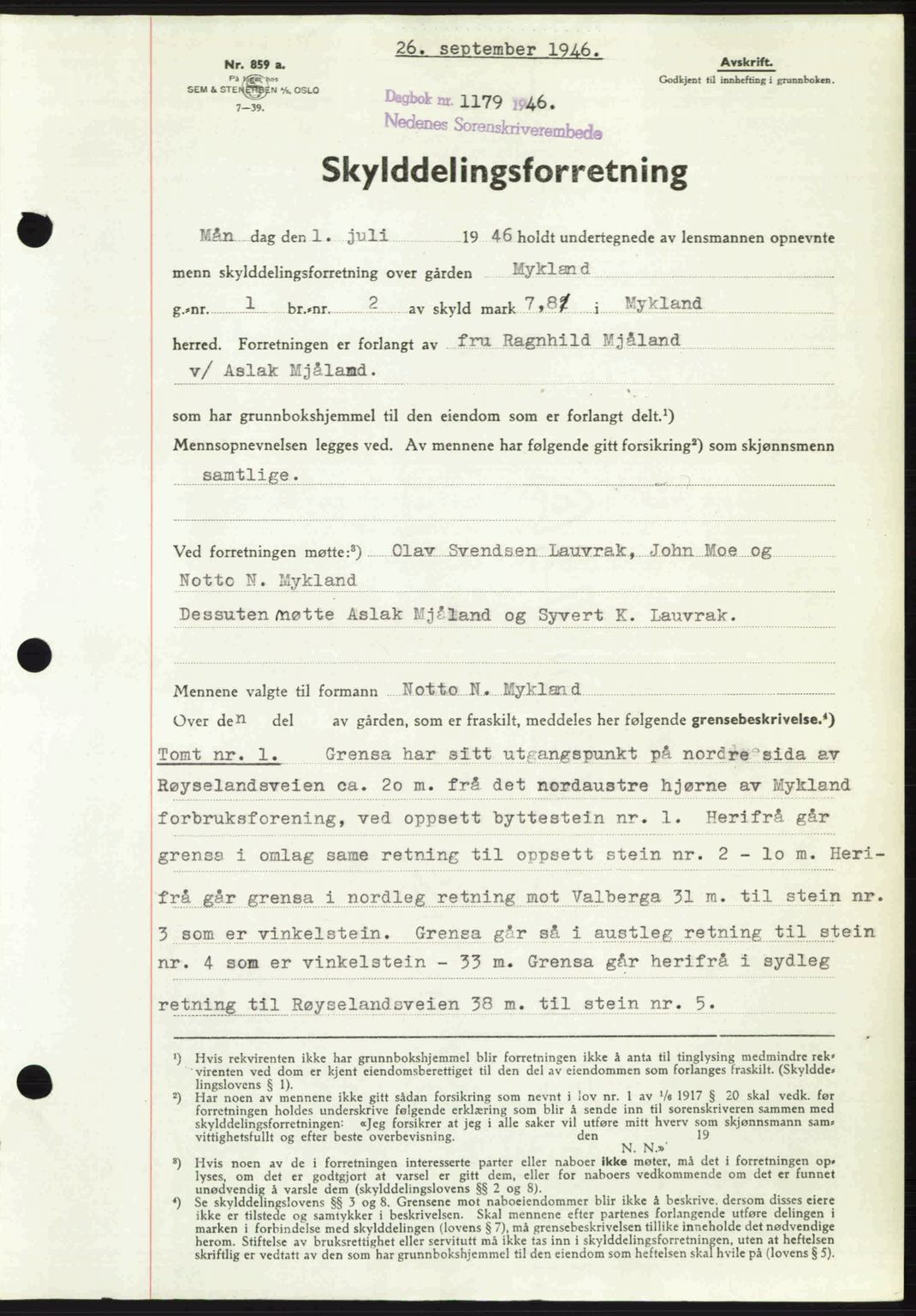 Nedenes sorenskriveri, SAK/1221-0006/G/Gb/Gba/L0056: Mortgage book no. A8, 1946-1947, Diary no: : 1179/1946