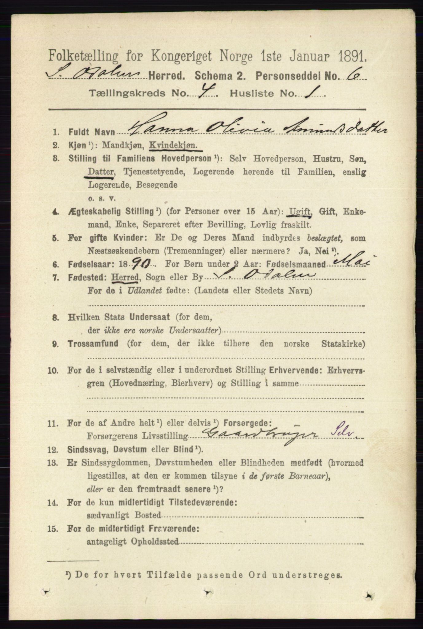 RA, 1891 census for 0419 Sør-Odal, 1891, p. 1745