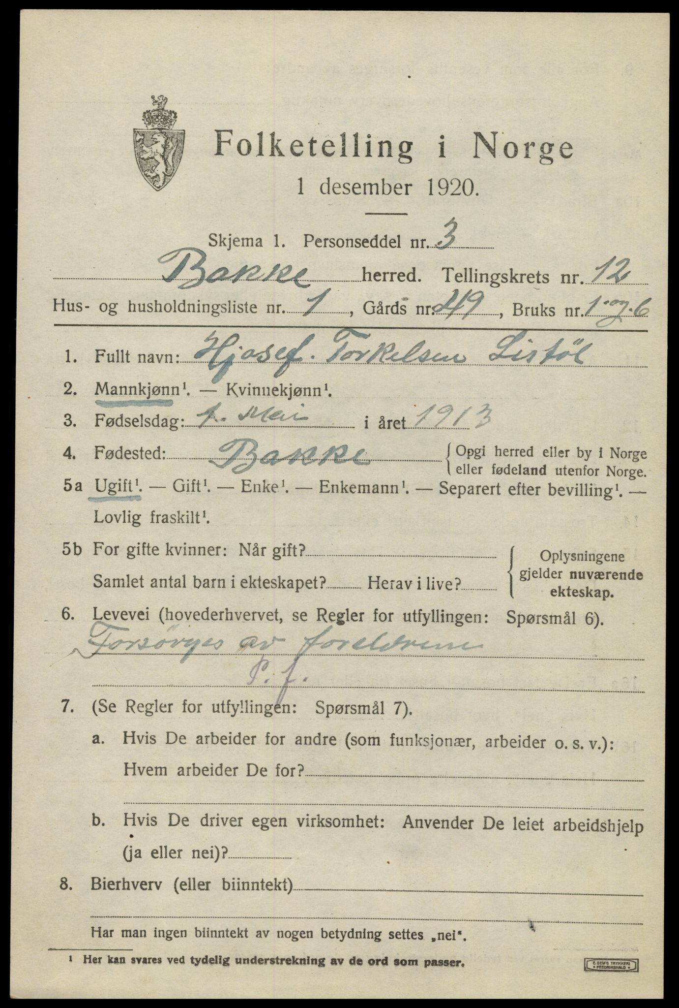 SAK, 1920 census for Bakke, 1920, p. 3122