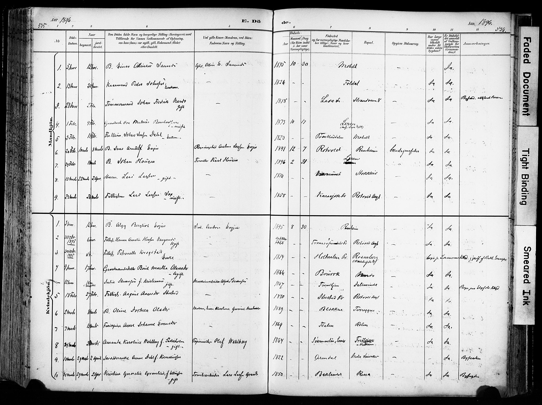 Ministerialprotokoller, klokkerbøker og fødselsregistre - Sør-Trøndelag, SAT/A-1456/606/L0301: Parish register (official) no. 606A16, 1894-1907, p. 535-536