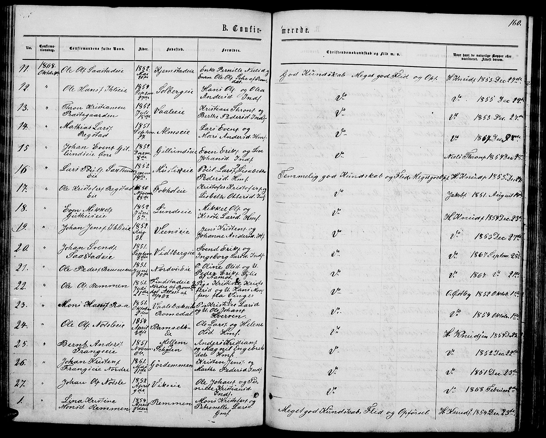 Stange prestekontor, AV/SAH-PREST-002/L/L0006: Parish register (copy) no. 6, 1864-1882, p. 160