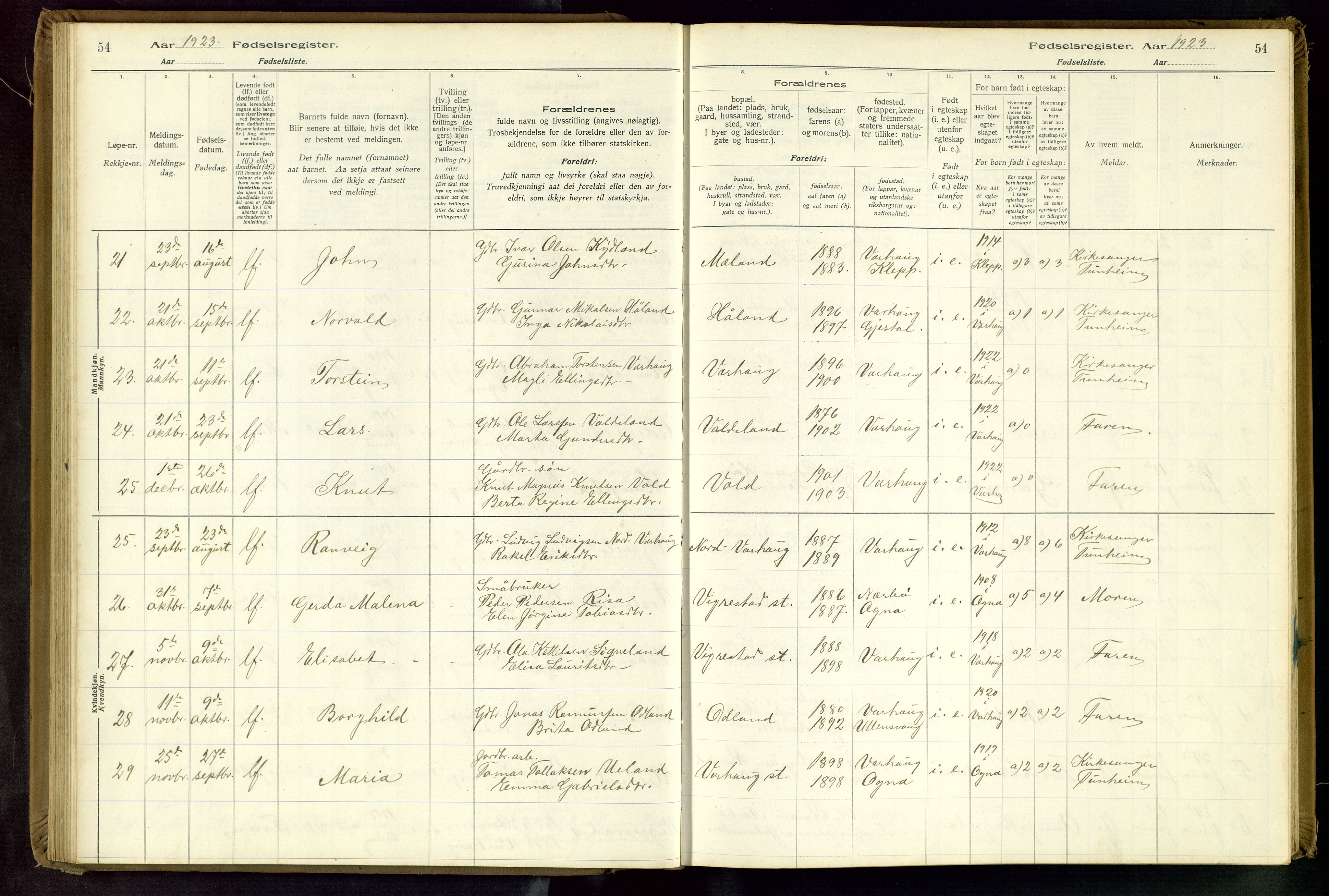 Hå sokneprestkontor, SAST/A-101801/001/704BA/L0001: Birth register no. 1, 1916-1944, p. 54
