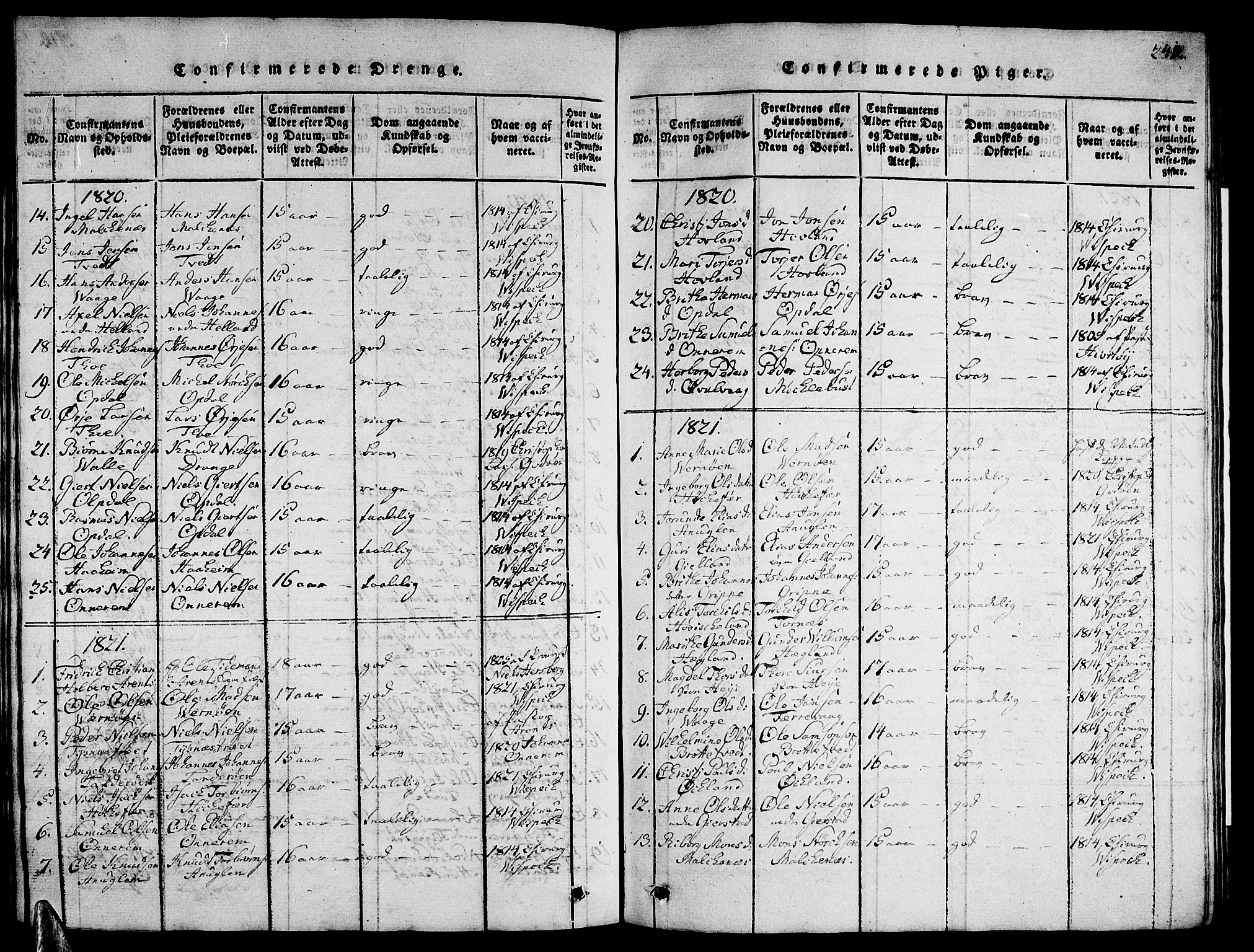 Tysnes sokneprestembete, SAB/A-78601/H/Hab: Parish register (copy) no. A 1, 1816-1828, p. 241