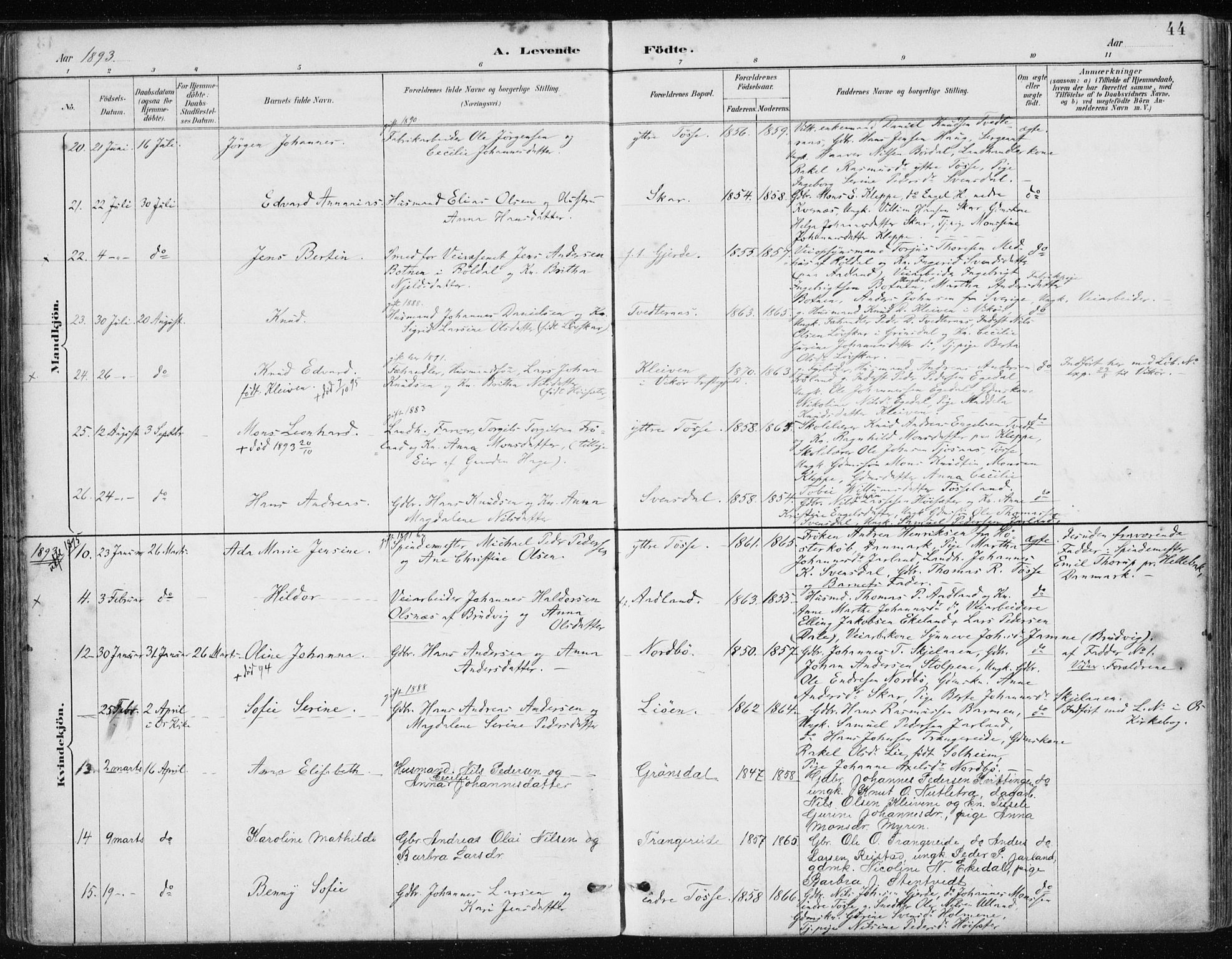 Samnanger Sokneprestembete, AV/SAB-A-77501/H/Haa: Parish register (official) no. A 1, 1885-1901, p. 44