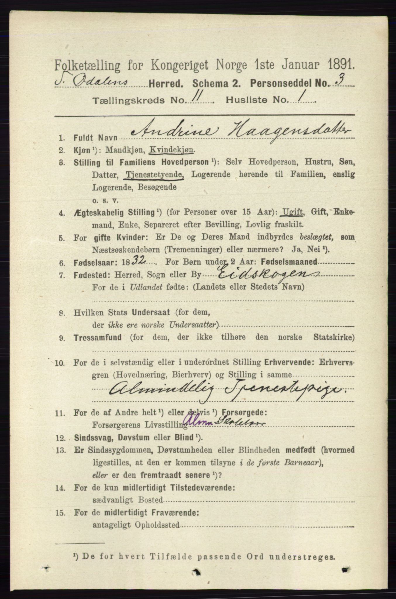 RA, 1891 census for 0419 Sør-Odal, 1891, p. 4906