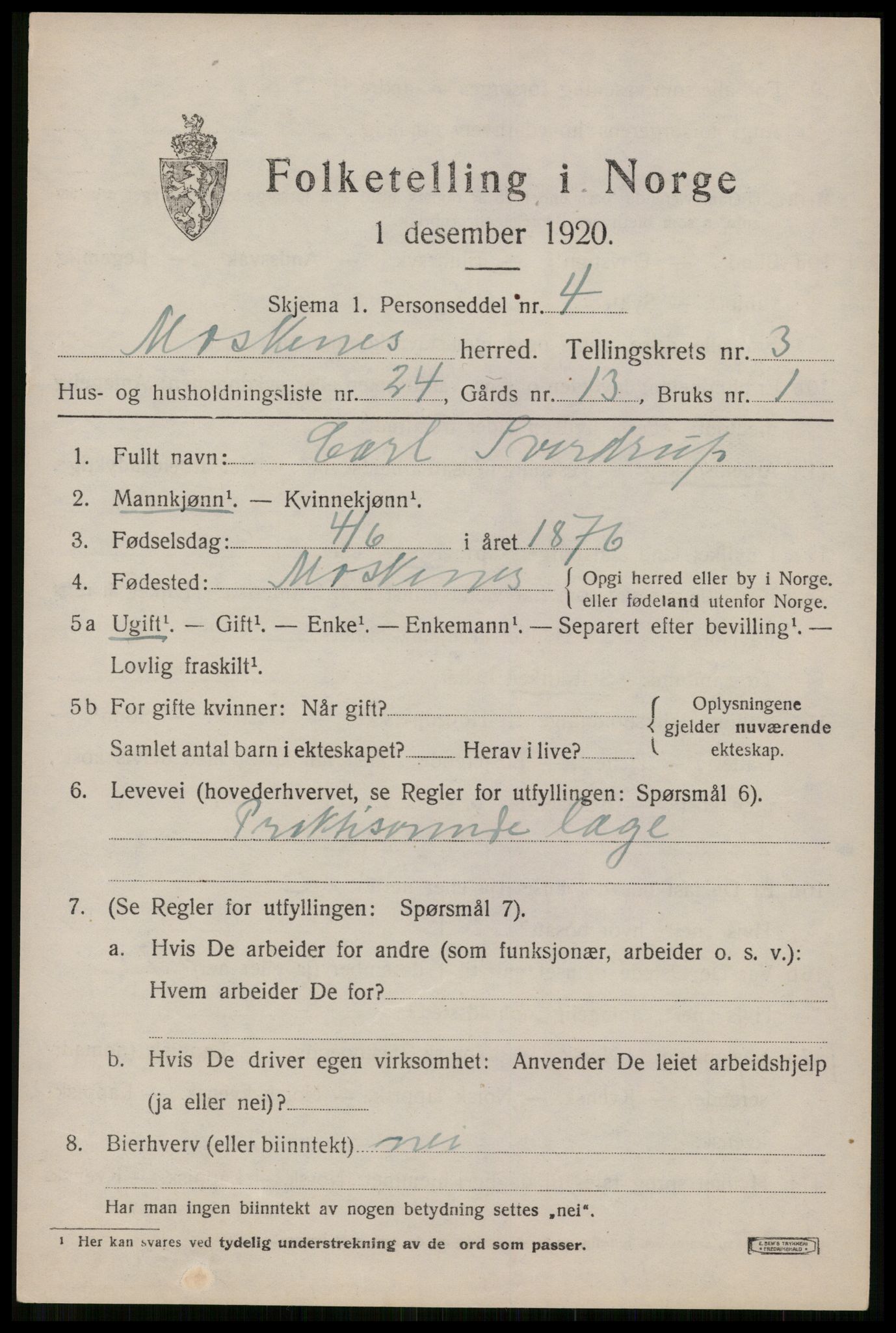 SAT, 1920 census for Moskenes, 1920, p. 1990