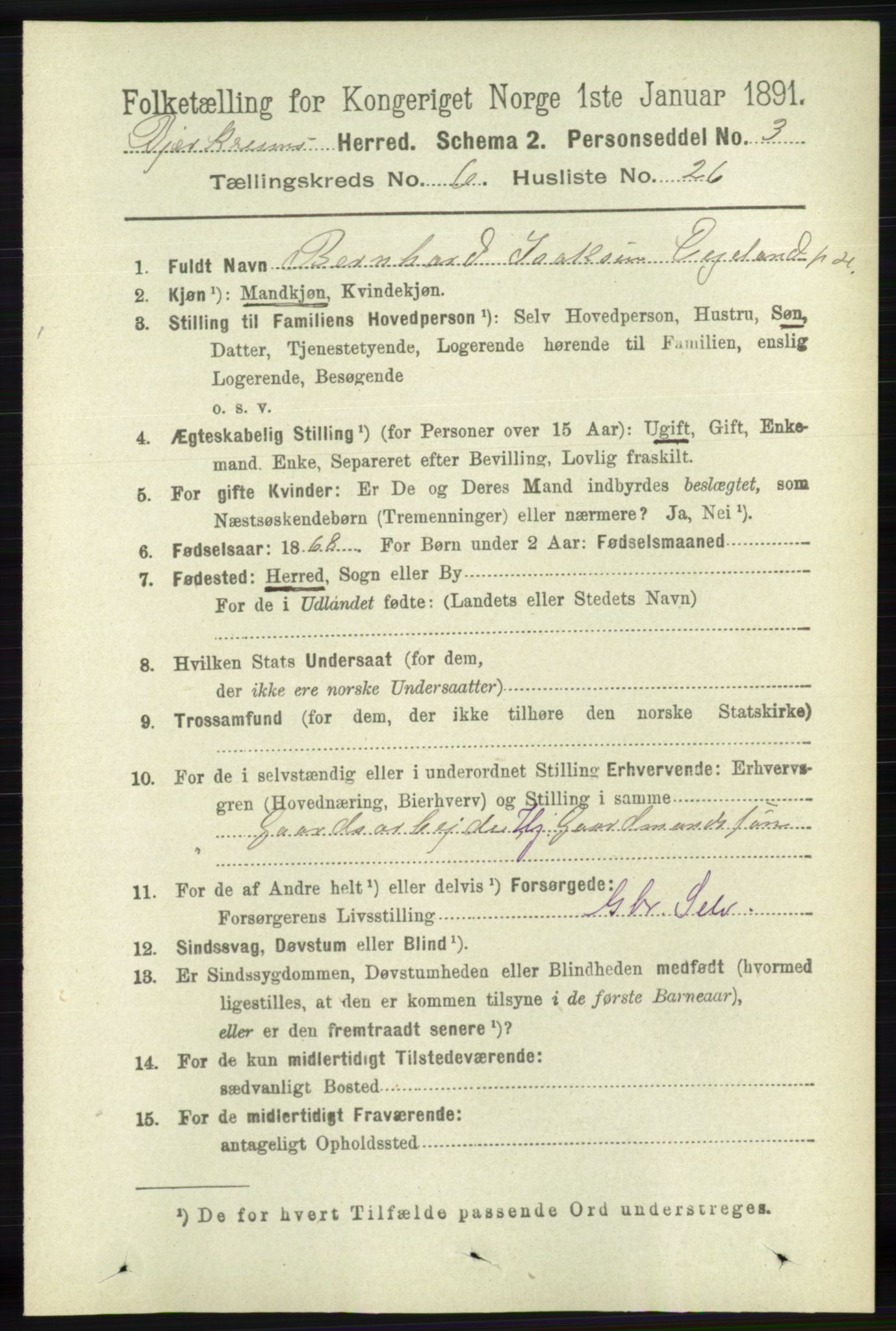 RA, 1891 census for 1114 Bjerkreim, 1891, p. 2264