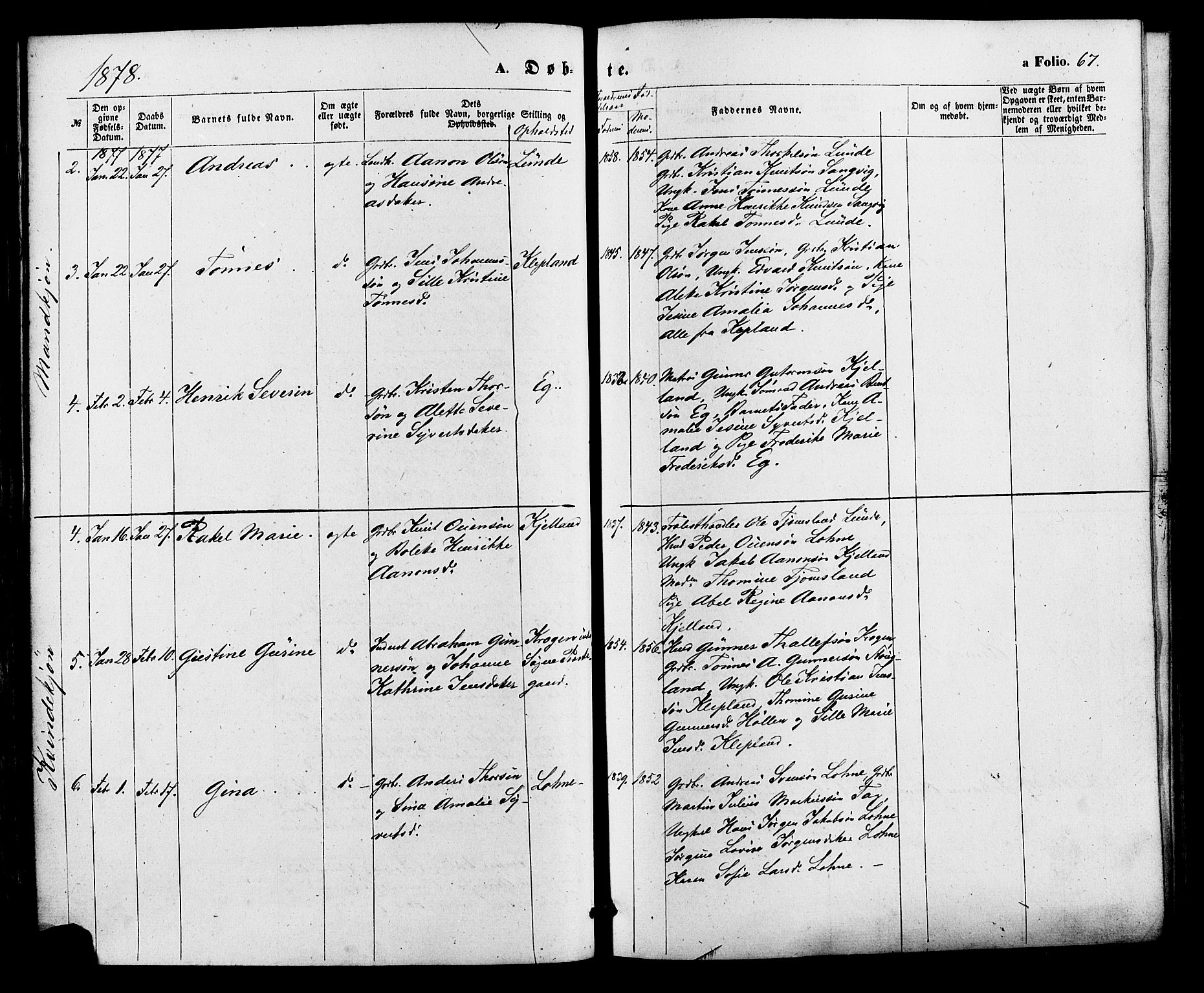 Søgne sokneprestkontor, SAK/1111-0037/F/Fa/Fab/L0011: Parish register (official) no. A 11, 1869-1879, p. 67