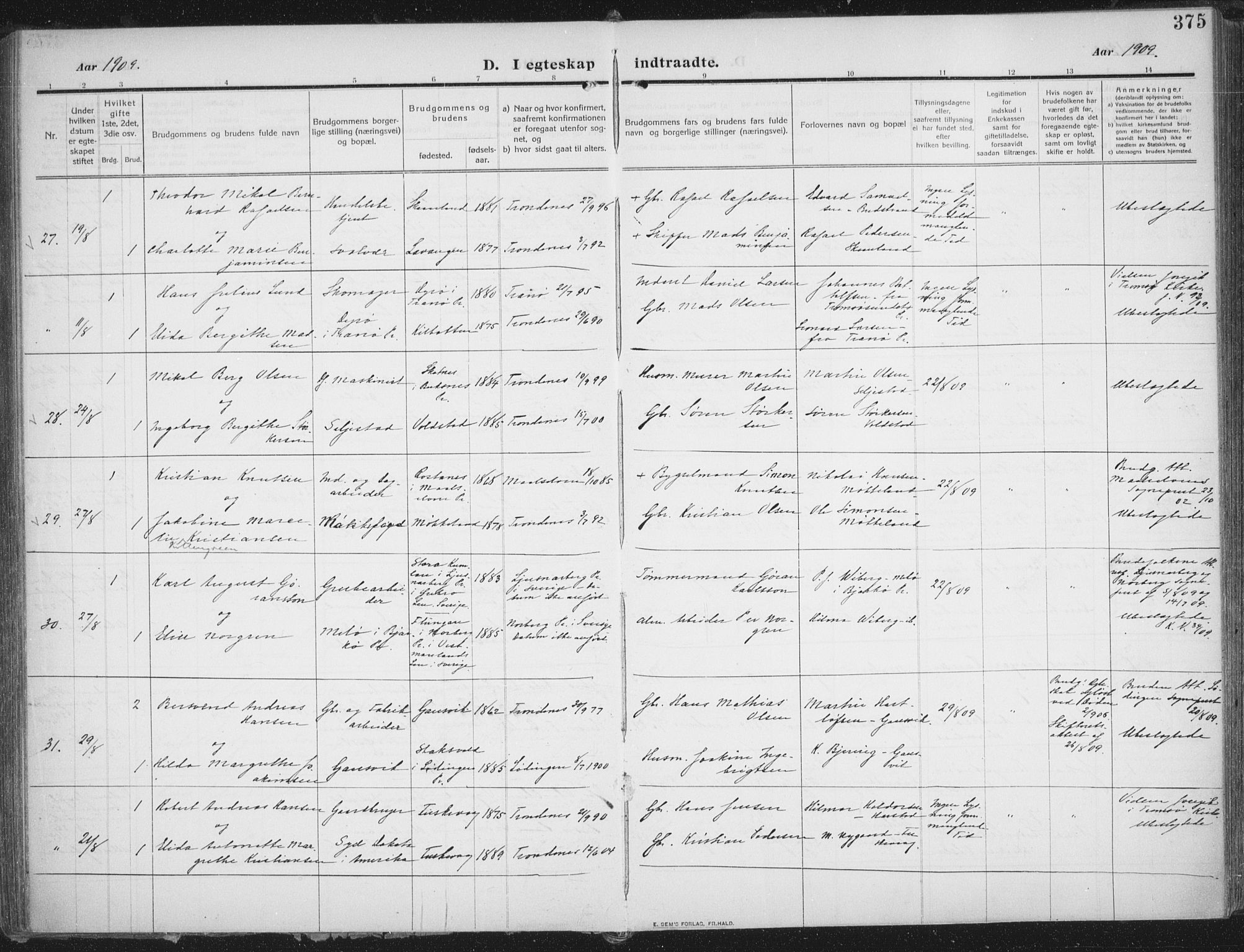 Trondenes sokneprestkontor, SATØ/S-1319/H/Ha/L0018kirke: Parish register (official) no. 18, 1909-1918, p. 375