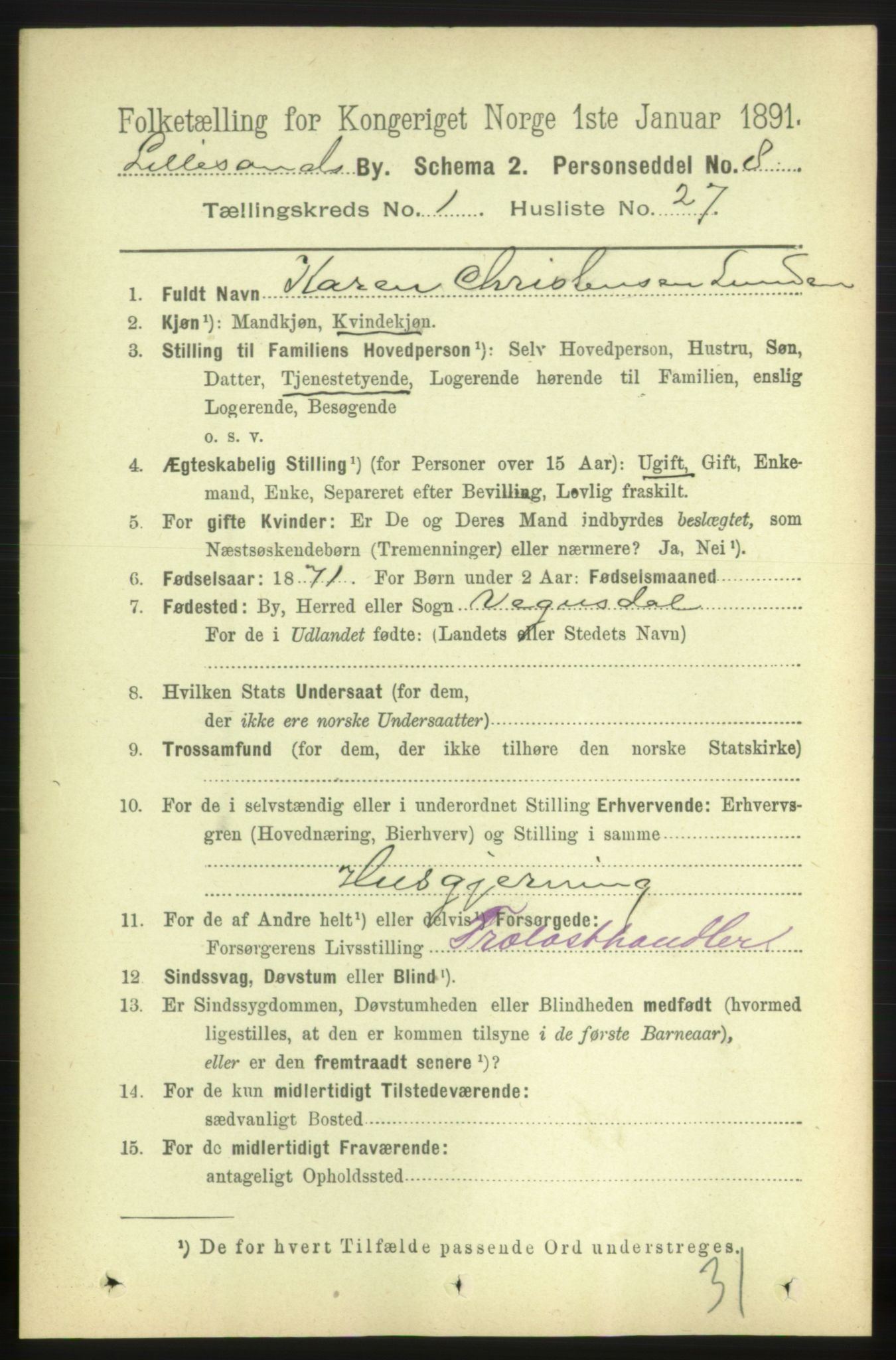 RA, 1891 census for 0905 Lillesand, 1891, p. 170