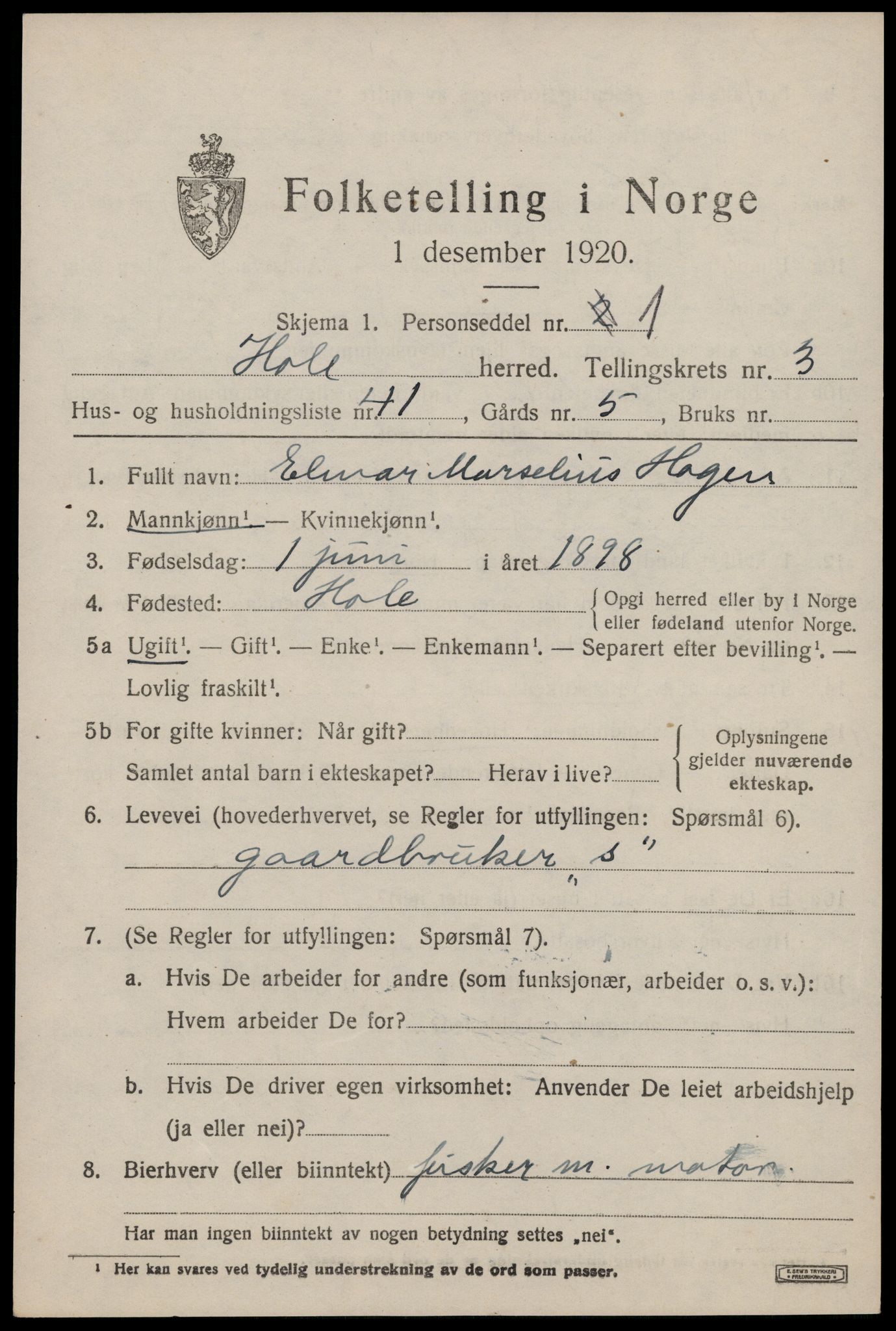 SAST, 1920 census for Høle, 1920, p. 1363