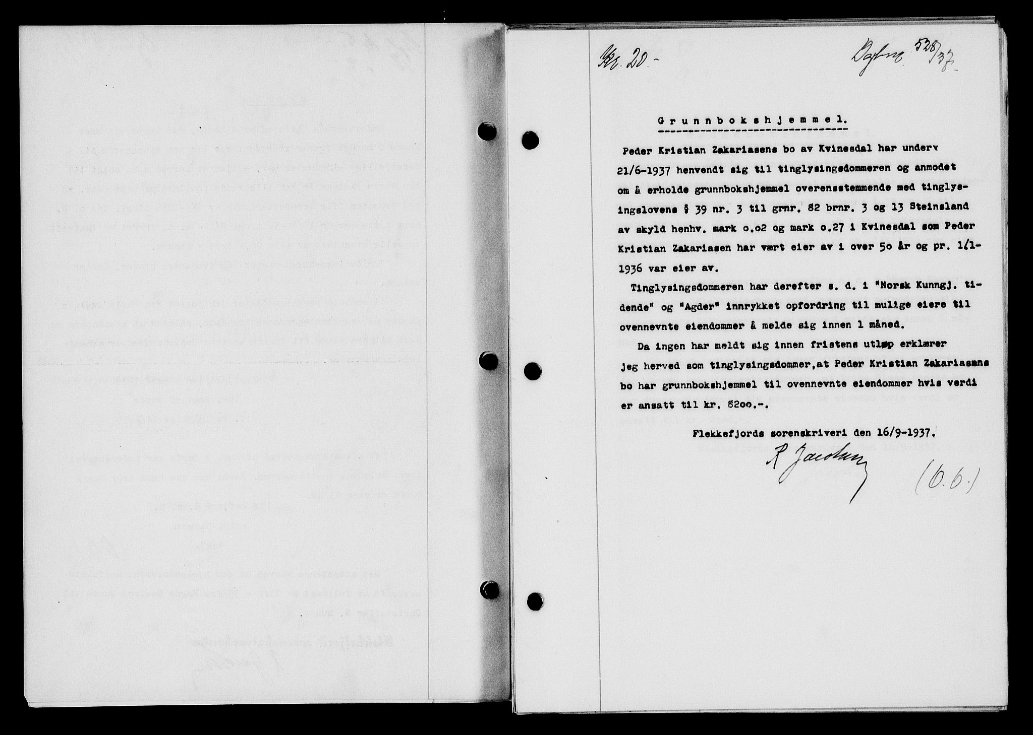 Flekkefjord sorenskriveri, AV/SAK-1221-0001/G/Gb/Gba/L0054: Mortgage book no. A-2, 1937-1938, Diary no: : 528/1937