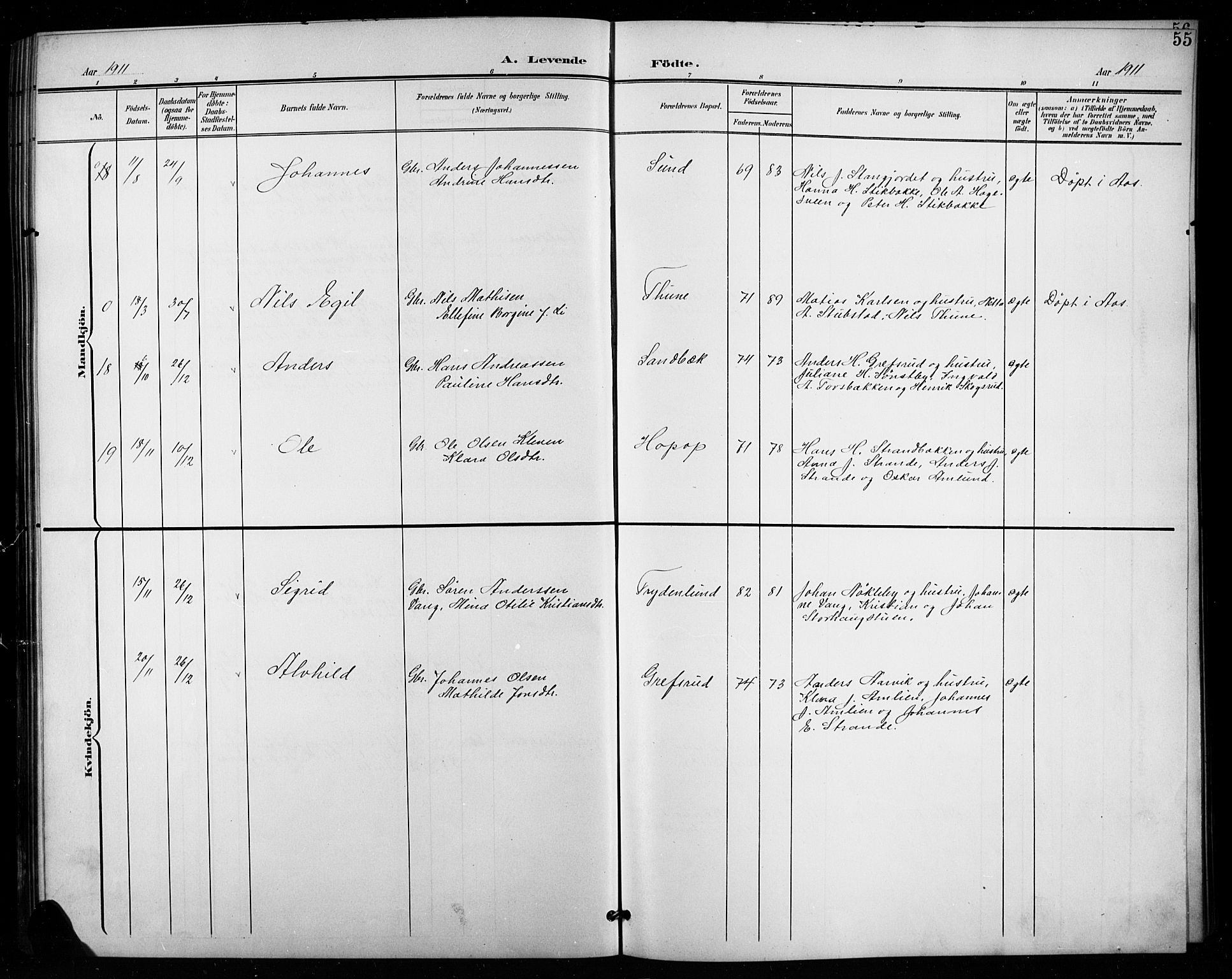 Vestre Toten prestekontor, SAH/PREST-108/H/Ha/Hab/L0016: Parish register (copy) no. 16, 1901-1915, p. 55