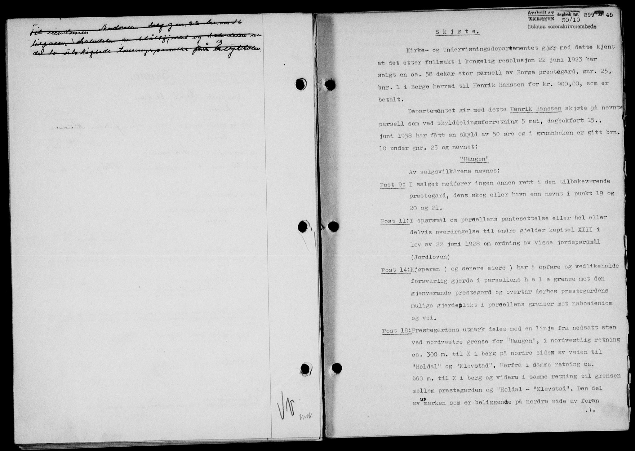 Lofoten sorenskriveri, SAT/A-0017/1/2/2C/L0013a: Mortgage book no. 13a, 1944-1946, Diary no: : 899/1945