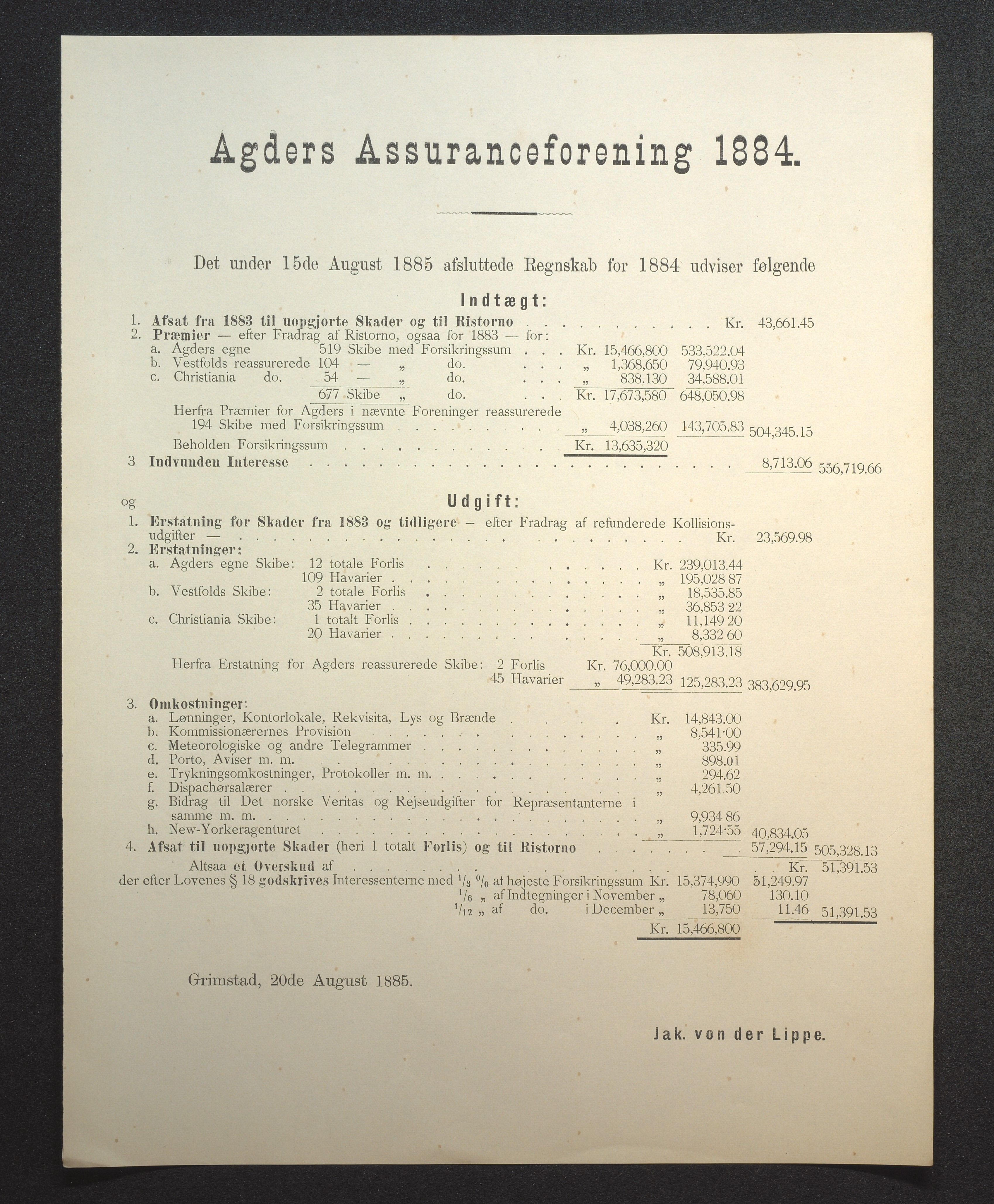 Agders Gjensidige Assuranceforening, AAKS/PA-1718/05/L0002: Regnskap, seilavdeling, pakkesak, 1881-1889