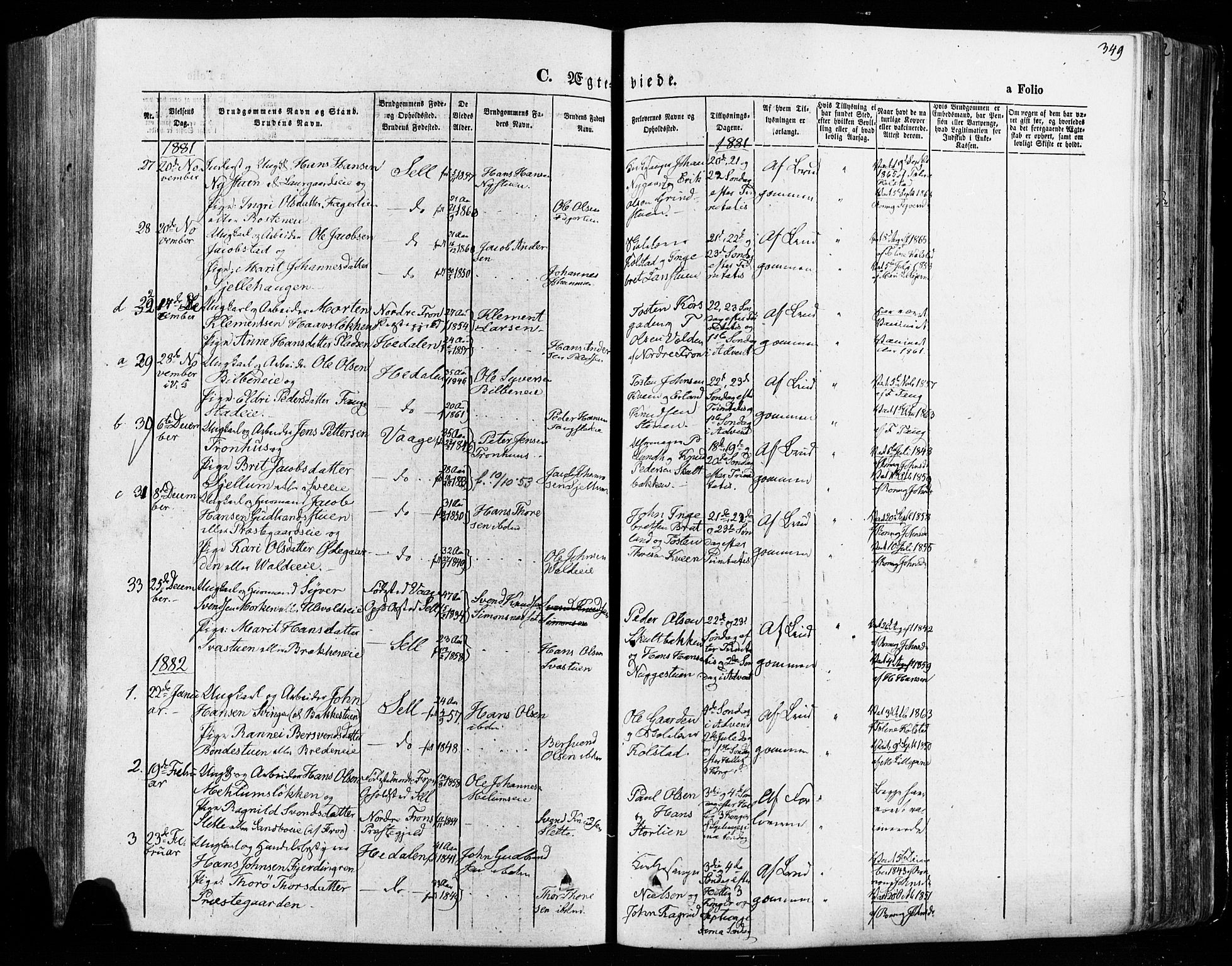 Vågå prestekontor, SAH/PREST-076/H/Ha/Haa/L0007: Parish register (official) no. 7 /1, 1872-1886, p. 349