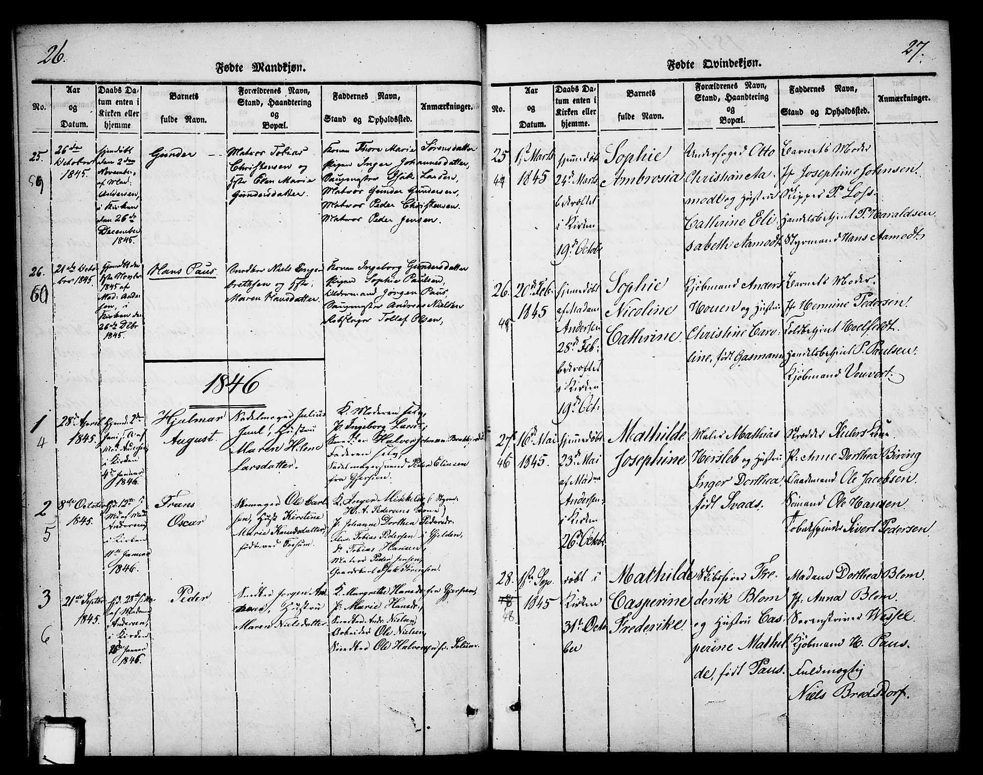 Skien kirkebøker, SAKO/A-302/F/Fa/L0006b: Parish register (official) no. 6B, 1843-1846, p. 26-27