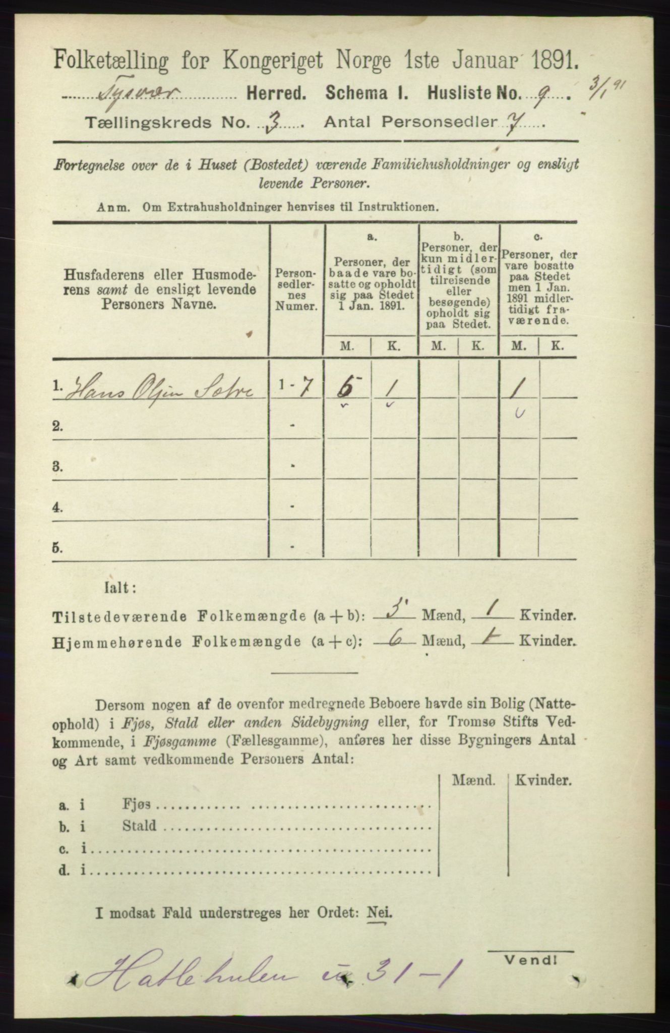 RA, 1891 census for 1146 Tysvær, 1891, p. 1191