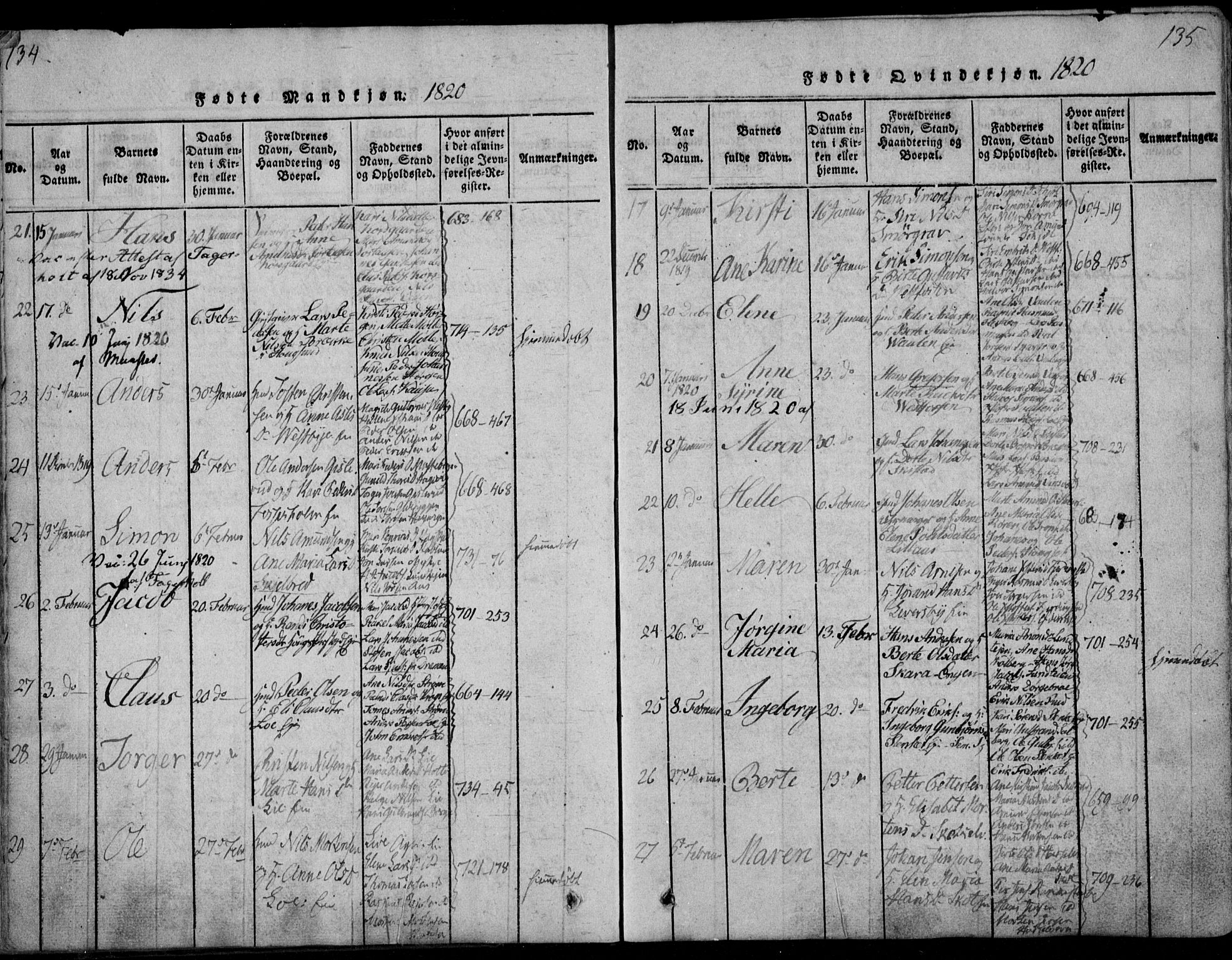 Eiker kirkebøker, AV/SAKO-A-4/F/Fa/L0011: Parish register (official) no. I 11, 1814-1827, p. 134-135