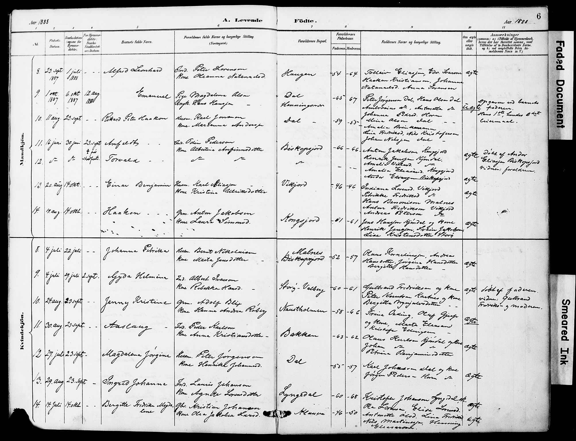 Ministerialprotokoller, klokkerbøker og fødselsregistre - Nordland, AV/SAT-A-1459/884/L1197: Parish register (copy) no. 884C03, 1888-1926, p. 6