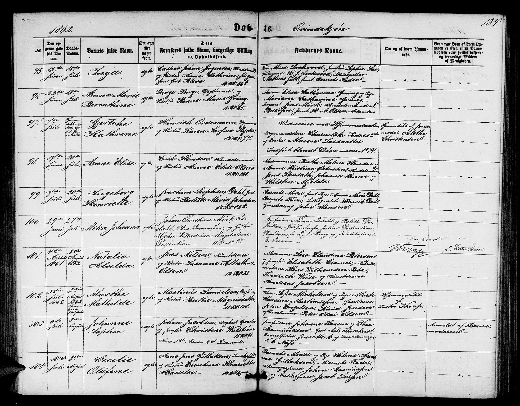 Domkirken sokneprestembete, SAB/A-74801/H/Hab/L0012: Parish register (copy) no. B 5, 1862-1869, p. 134