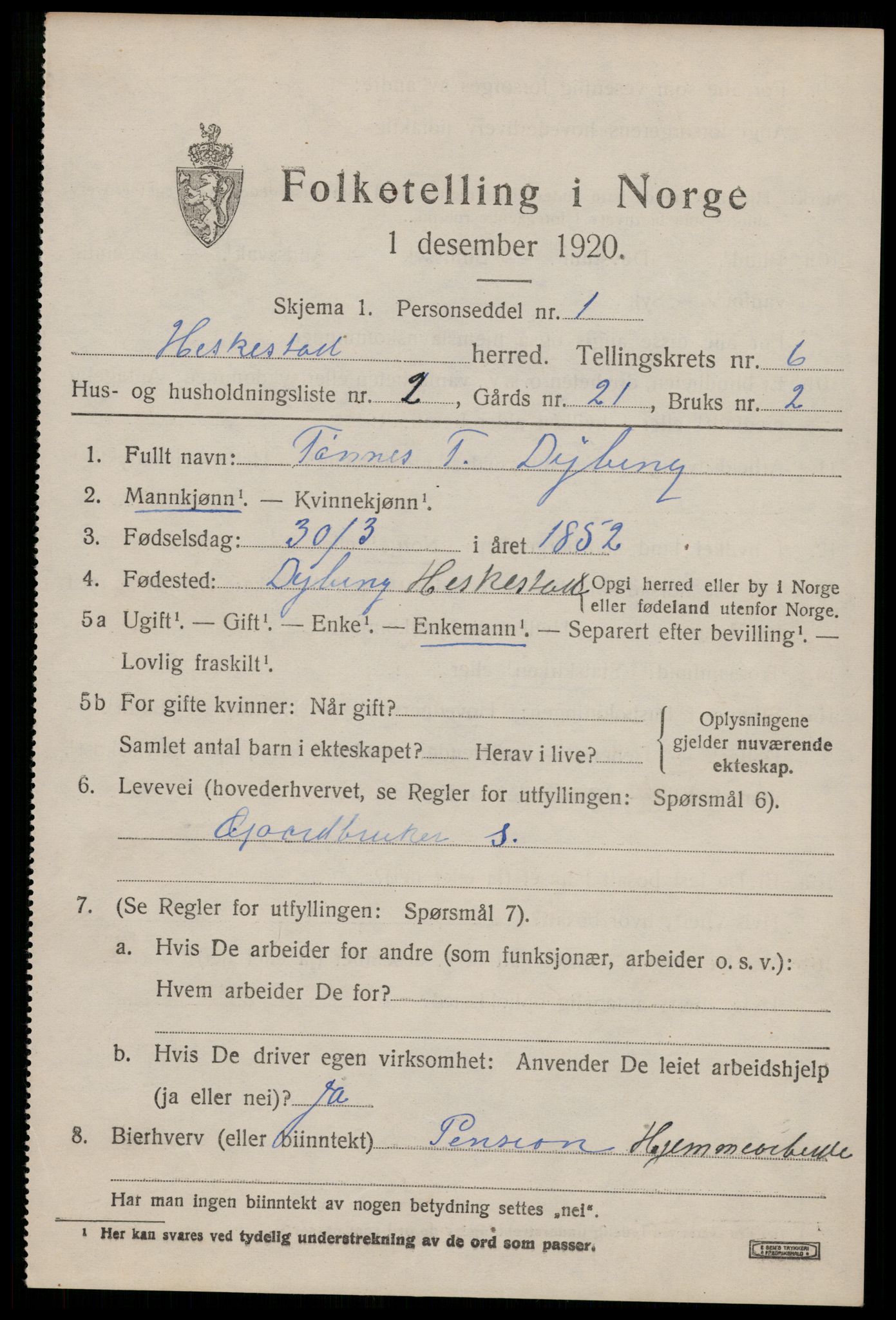 SAST, 1920 census for Heskestad, 1920, p. 2011