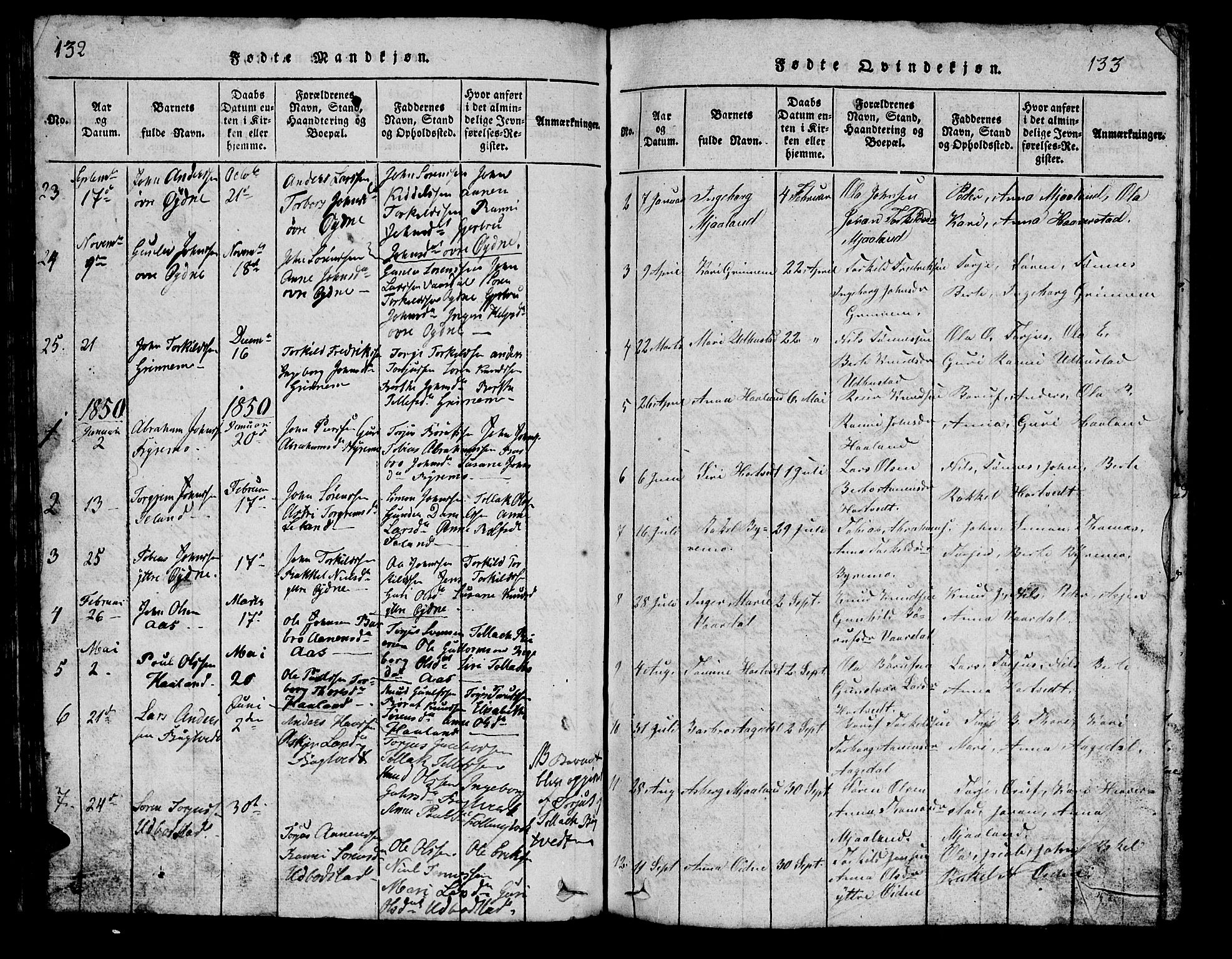 Bjelland sokneprestkontor, SAK/1111-0005/F/Fb/Fbc/L0001: Parish register (copy) no. B 1, 1815-1870, p. 132-133