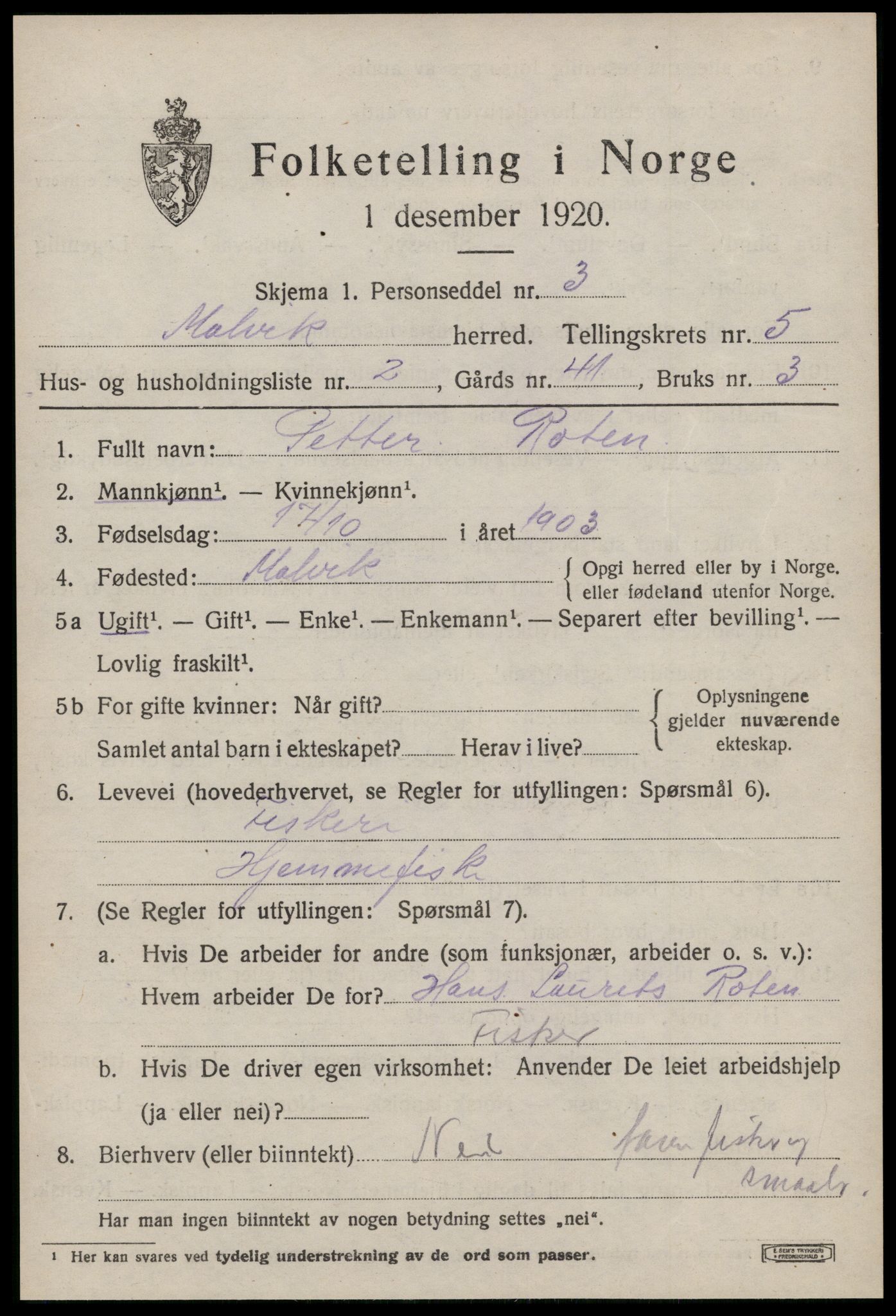 SAT, 1920 census for Malvik, 1920, p. 3200