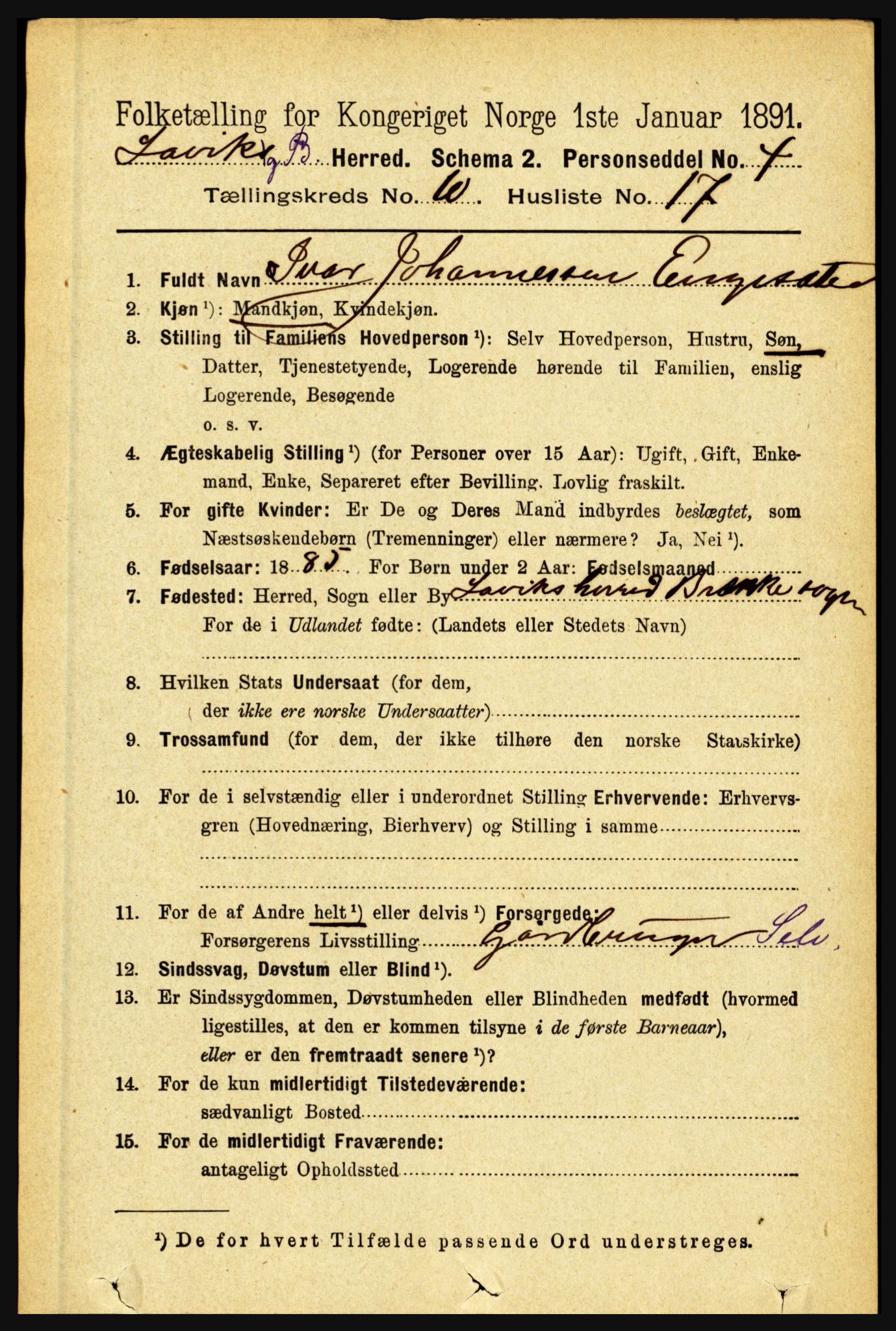 RA, 1891 census for 1415 Lavik og Brekke, 1891, p. 2101