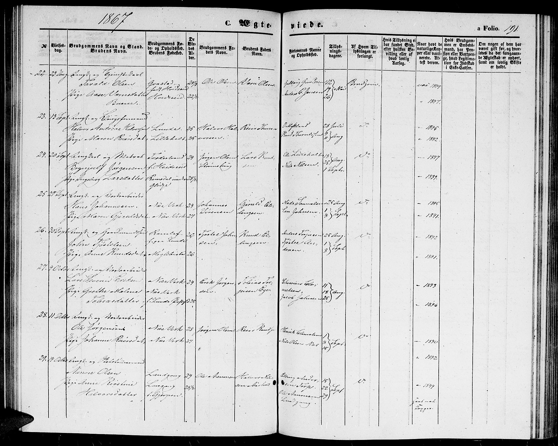 Holt sokneprestkontor, AV/SAK-1111-0021/F/Fb/L0008: Parish register (copy) no. B 8, 1858-1871, p. 191