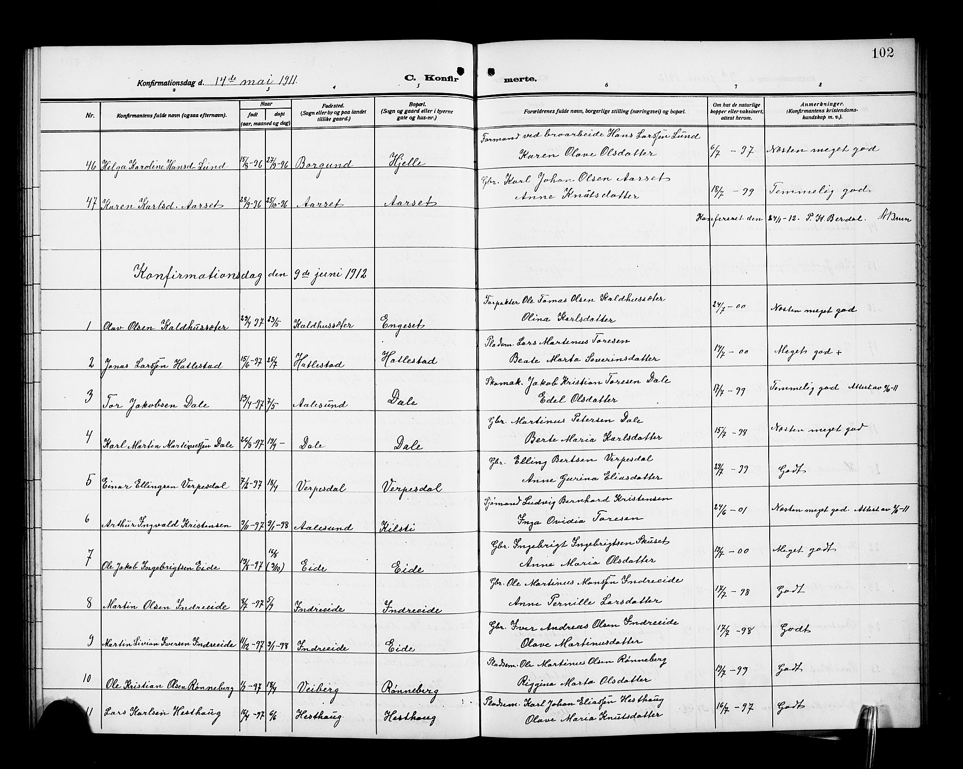 Ministerialprotokoller, klokkerbøker og fødselsregistre - Møre og Romsdal, SAT/A-1454/519/L0265: Parish register (copy) no. 519C06, 1911-1921, p. 102