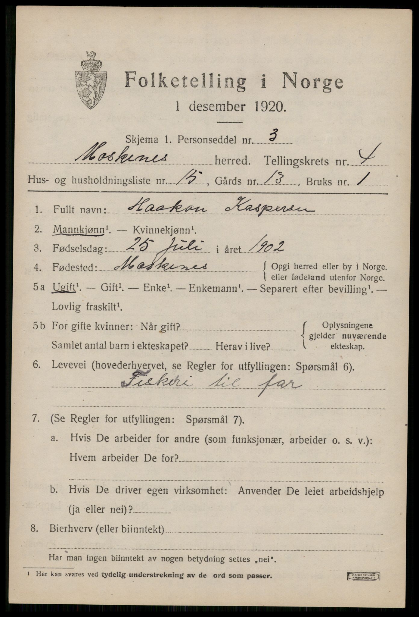 SAT, 1920 census for Moskenes, 1920, p. 2692