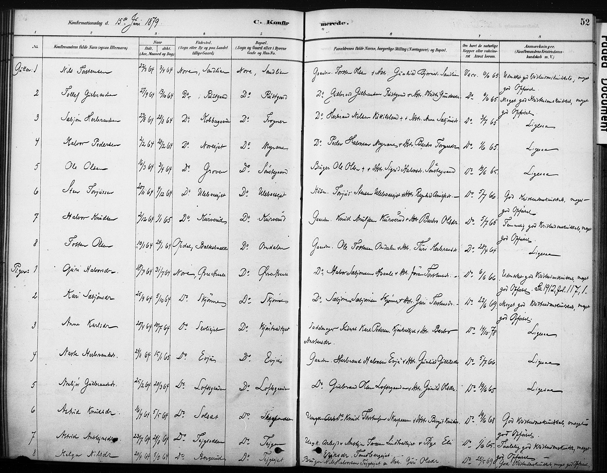 Nore kirkebøker, AV/SAKO-A-238/F/Fb/L0001: Parish register (official) no. II 1, 1878-1886, p. 52