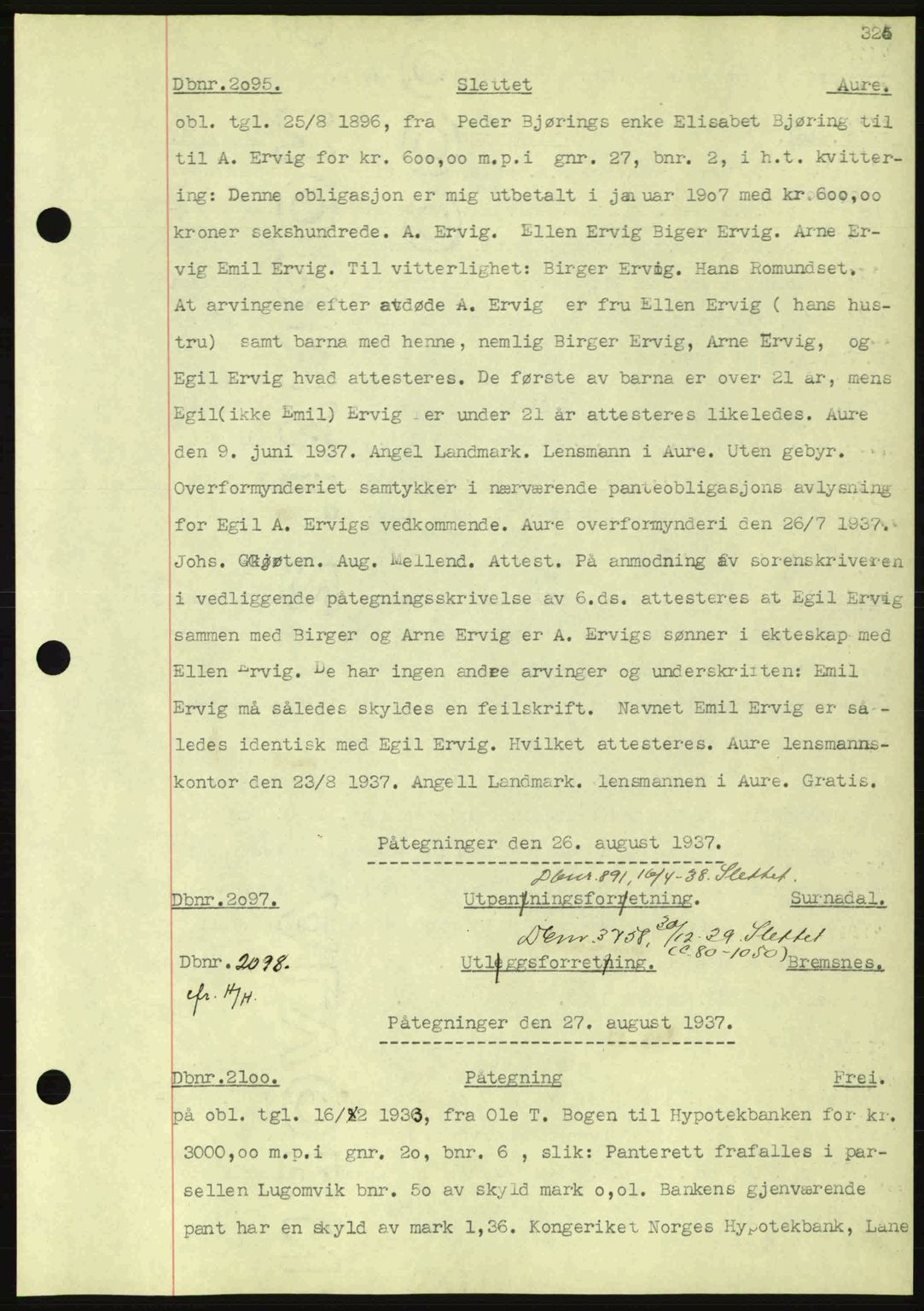 Nordmøre sorenskriveri, AV/SAT-A-4132/1/2/2Ca: Mortgage book no. C80, 1936-1939, Diary no: : 2095/1937