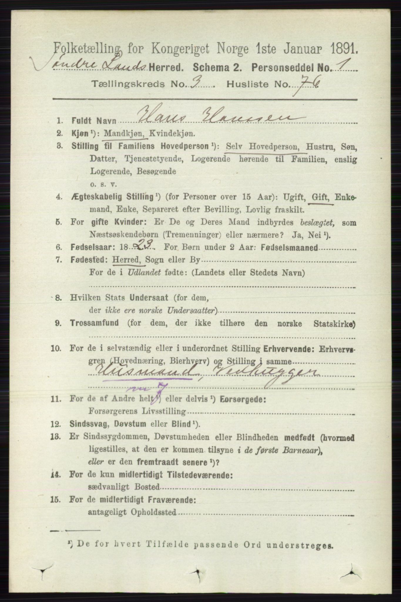 RA, 1891 census for 0536 Søndre Land, 1891, p. 2935